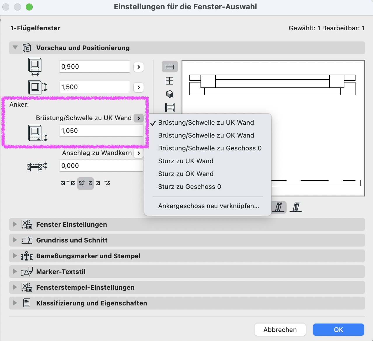 Archicad Dialog „Einstellungen für die Fenster-Auswahl“ mit geöffneter Anker-Einstellung, in der die Brüstungshöhe relativ zur Unterkante der Wand definiert wird.