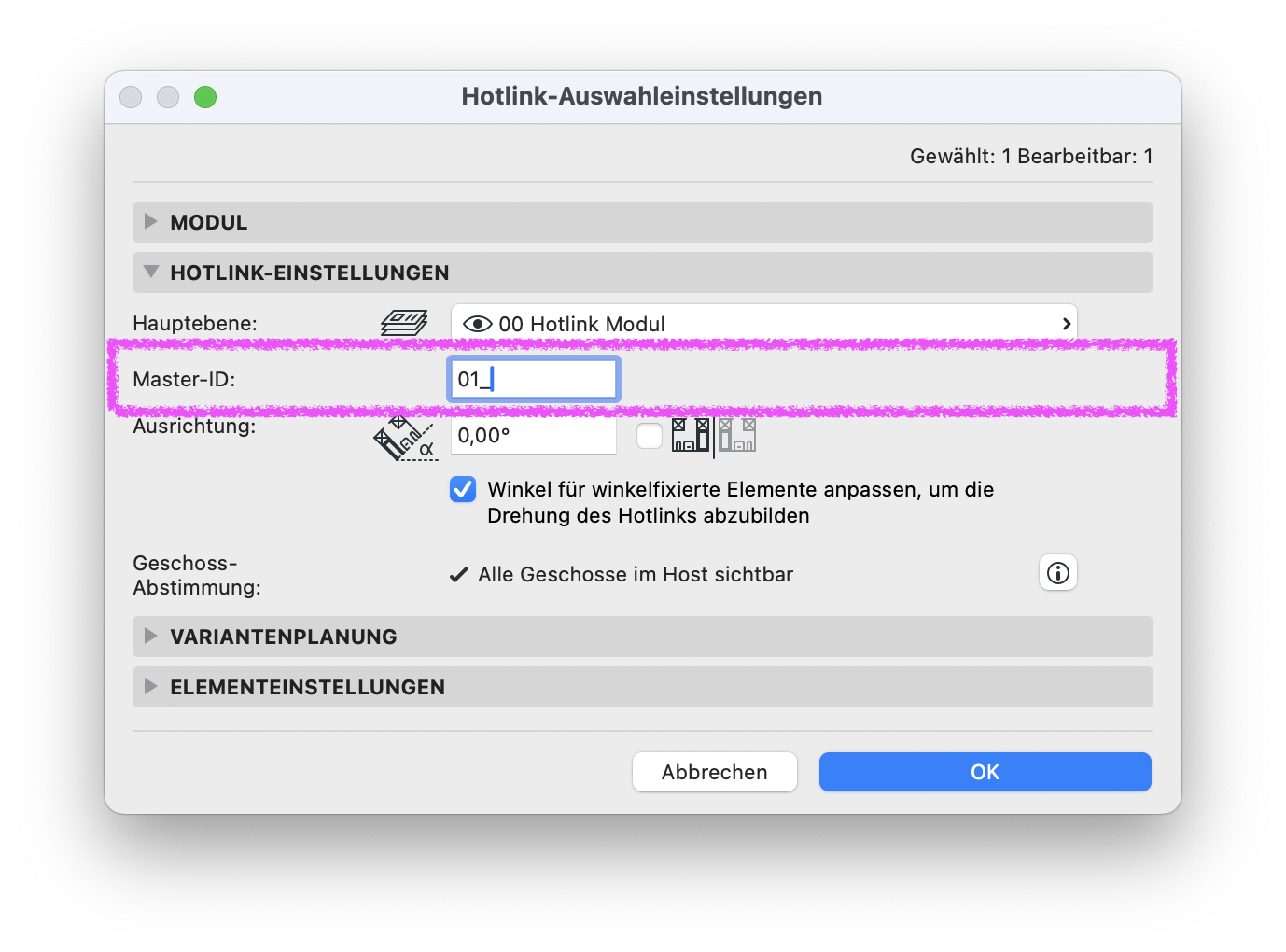 Archicad Dialog „Hotlink-Auswahleinstellungen“ mit hervorgehobener Eingabe der Master-ID zur Kennzeichnung der platzierten Hotlink-Instanz.
