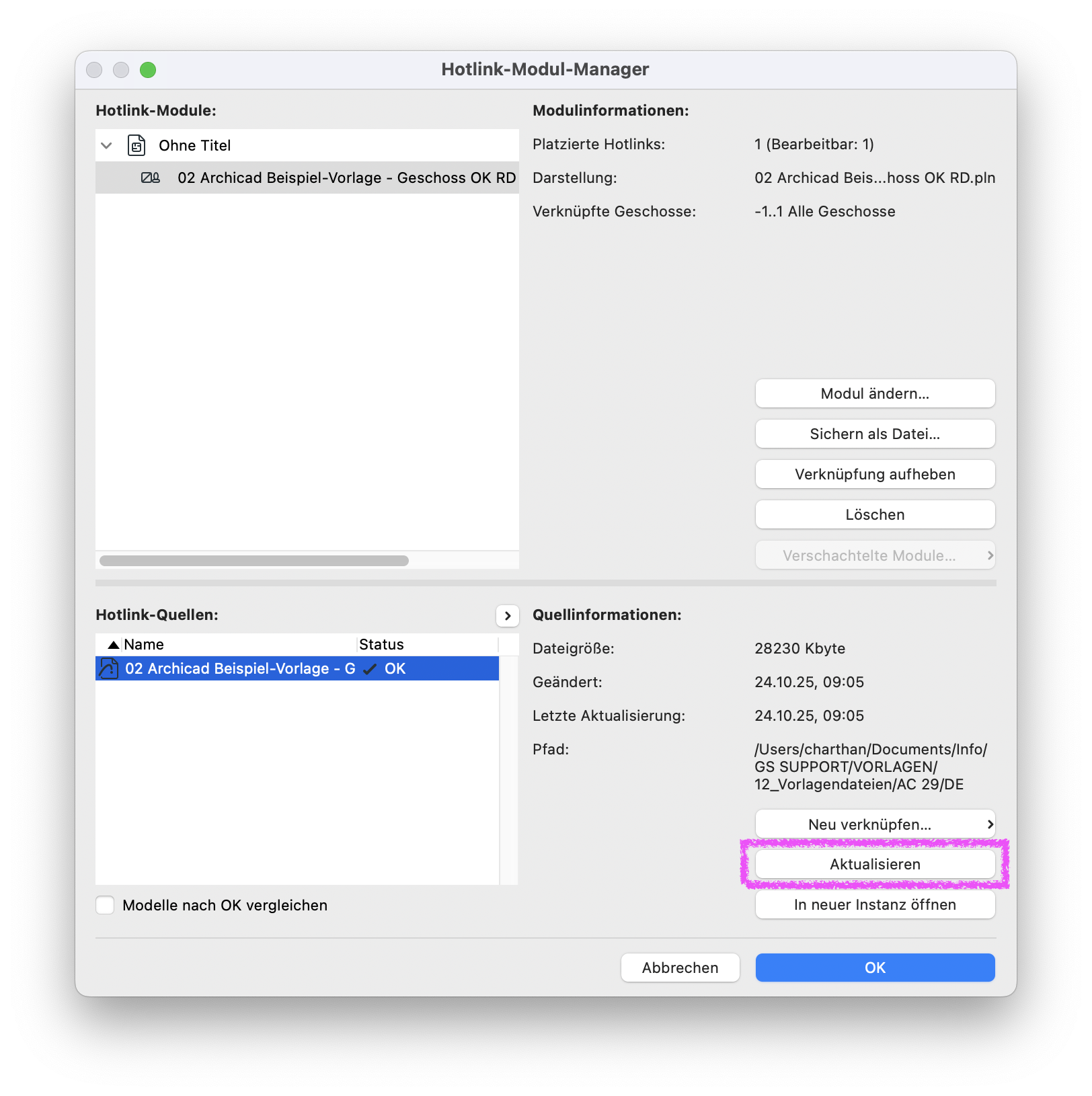 Archicad Dialog „Hotlink-Modul-Manager“ mit ausgewählter Hotlink-Quelle und hervorgehobener Schaltfläche „Aktualisieren“, um das verknüpfte Modul auf den neuesten Stand zu bringen.