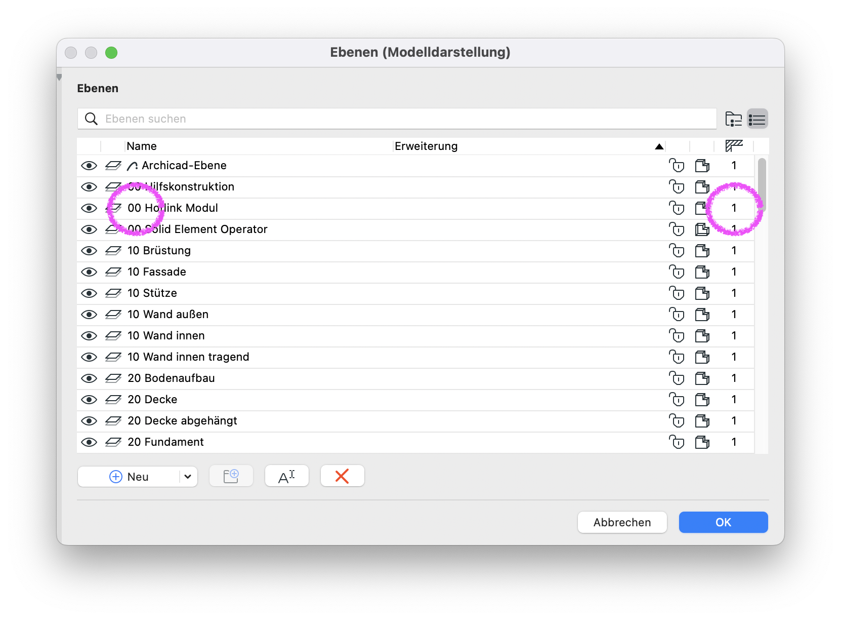 Archicad Dialog „Ebenen (Modelldarstellung)“ mit der Ebene „00 Hotlink Modul“, die einmal im Projekt verwendet wird.