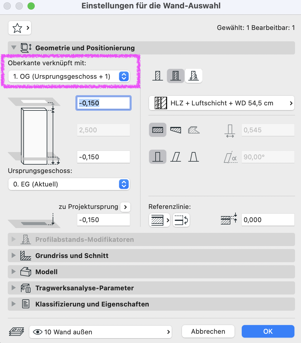 Archicad Dialog „Einstellungen für die Wand-Auswahl“ mit hervorgehobener Einstellung „Oberkante verknüpft mit: 1. OG (Ursprungsgeschoss + 1)“ zur Höhenverknüpfung der Wand.