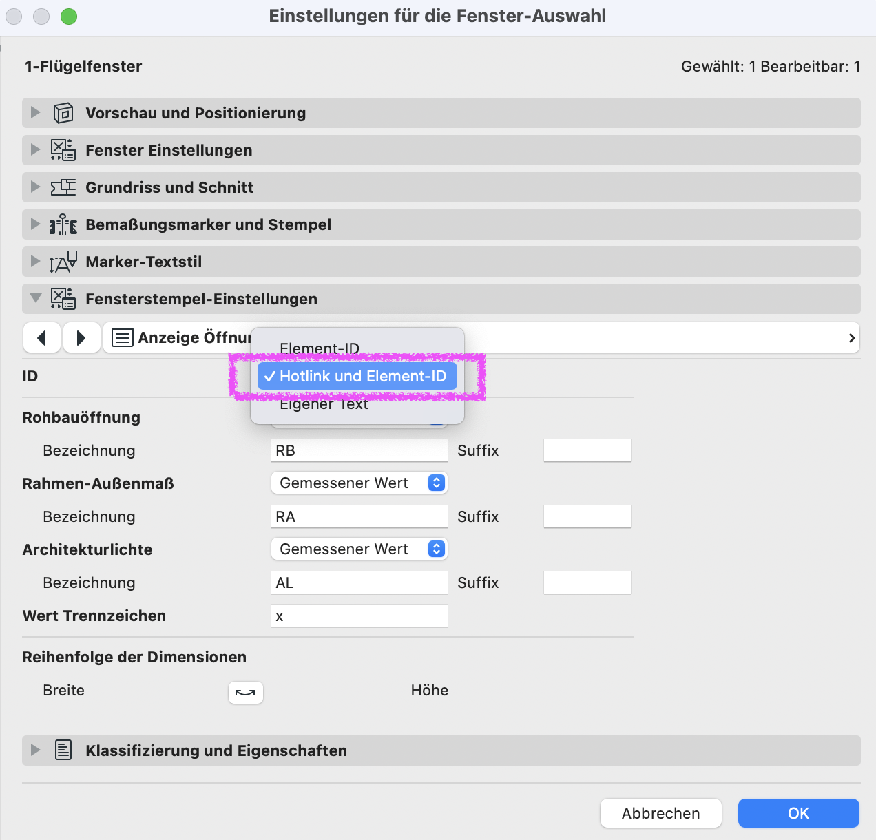 Archicad Dialog „Einstellungen für die Fenster-Auswahl“ mit geöffneter Option zur ID-Anzeige im Fensterstempel, wobei „Hotlink und Element-ID“ ausgewählt ist.