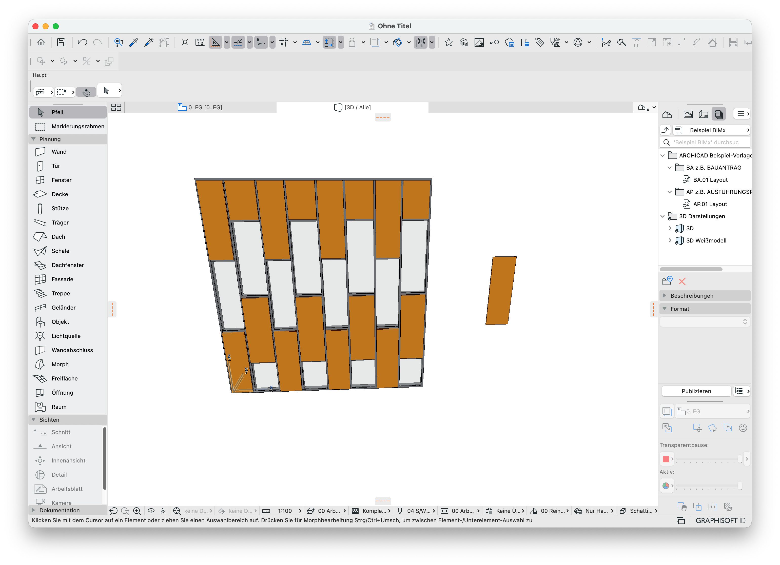 3D‑Ansicht einer&nbsp;Fassade, bei der die Rasterfelder abwechselnd mit dem orangefarbenen Paneel&nbsp;Fassadenpanel und einem grauen Standardpaneel belegt sind, sodass ein versetztes „Ziegelband“‑Muster entsteht. Jedoch wird keine blauen Fassadenpaneele, wie in den Einstellungen der Fassade festgelegt, im 3D angezeigt.
