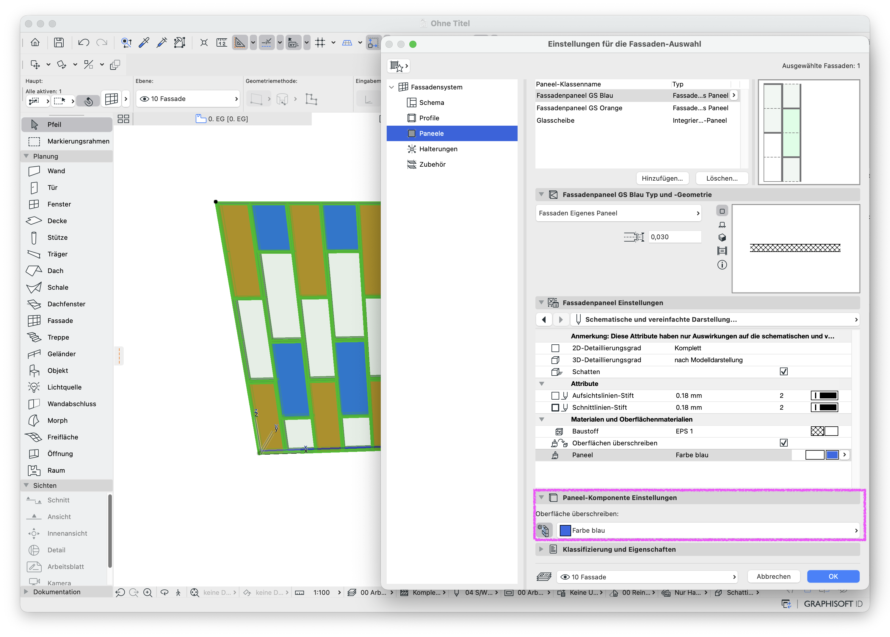 3D-Modell in Archicad mit ausgewählter&nbsp;Fassade&nbsp;links und dem Dialog&nbsp;Einstellungen für die Fassaden‑Auswahl&nbsp;rechts, im Reiter&nbsp;Paneele&nbsp;ist das Paneel&nbsp;Fassadenpanel GS Blau&nbsp;aktiv und unter&nbsp;Fassadenpaneel Einstellungen > Materialien und Oberflächenmaterialien&nbsp;wird der Baustoff festgelegt sowie die Option&nbsp;Oberflächen überschreiben: Farbe blau&nbsp;aktiviert, zusätzlich ist unten der Bereich&nbsp;Paneel‑Komponente Einstellungen&nbsp;geöffnet und dort die Oberflächenüberschreibung&nbsp;Farbe blau&nbsp;eingestellt wodurch im 3D die Füllungen der Paneel‑Komponenten blau erscheinen während der übrige Paneelbereich orange bleibt.