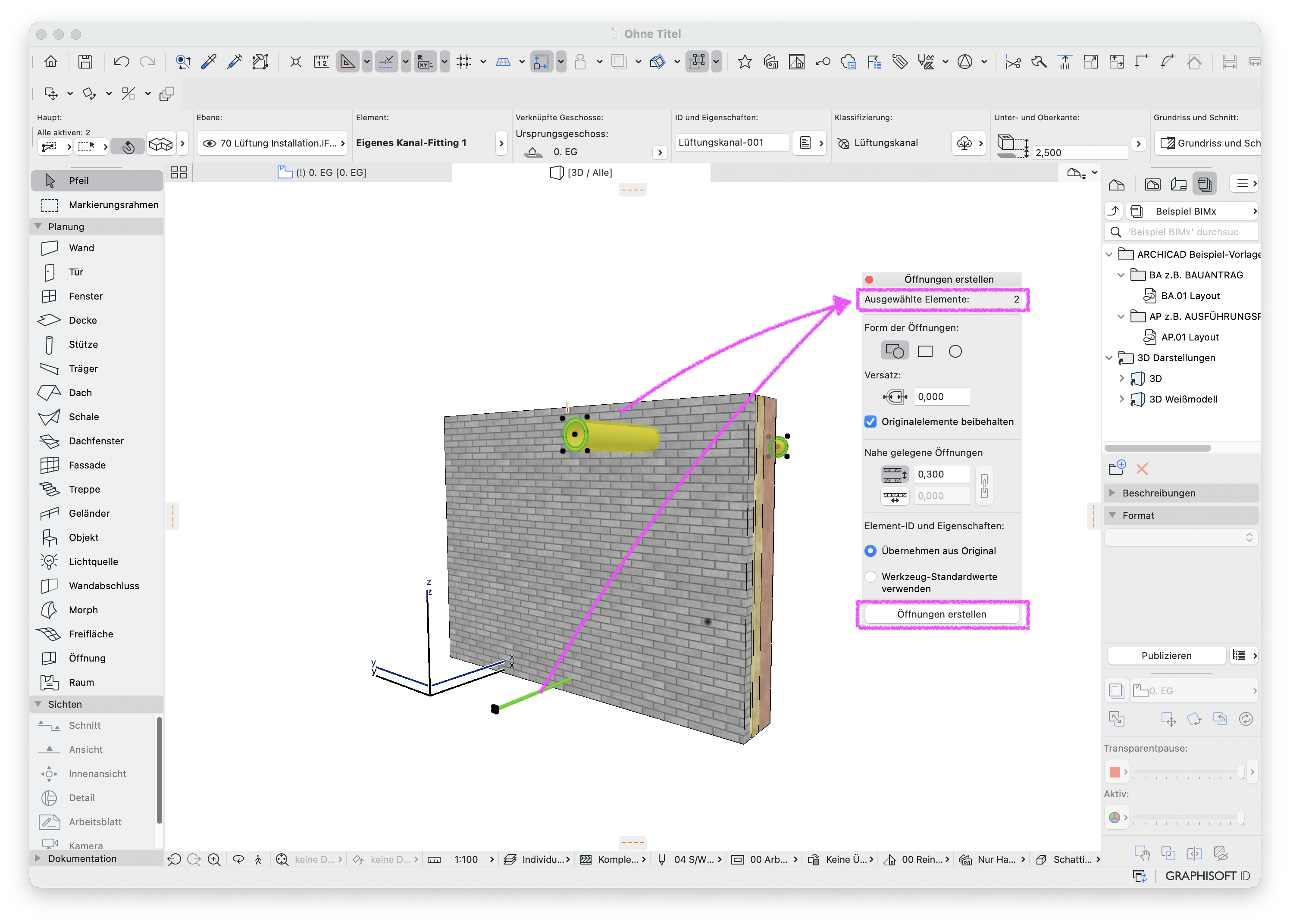 3D‑Ansicht einer gemauerten Wand mit mehreren runden MEP‑Kanalelementen die durch die Wand geführt werden, rechts ist das Palette‑Fenster&nbsp;Öffnungen erstellen&nbsp;geöffnet in dem oben&nbsp;Ausgewählte Elemente: 2&nbsp;angezeigt wird und unten die Schaltfläche&nbsp;Öffnungen erstellen&nbsp;markiert ist wodurch anhand der ausgewählten HKLSE‑Elemente Wandöffnungen erzeugt werden.