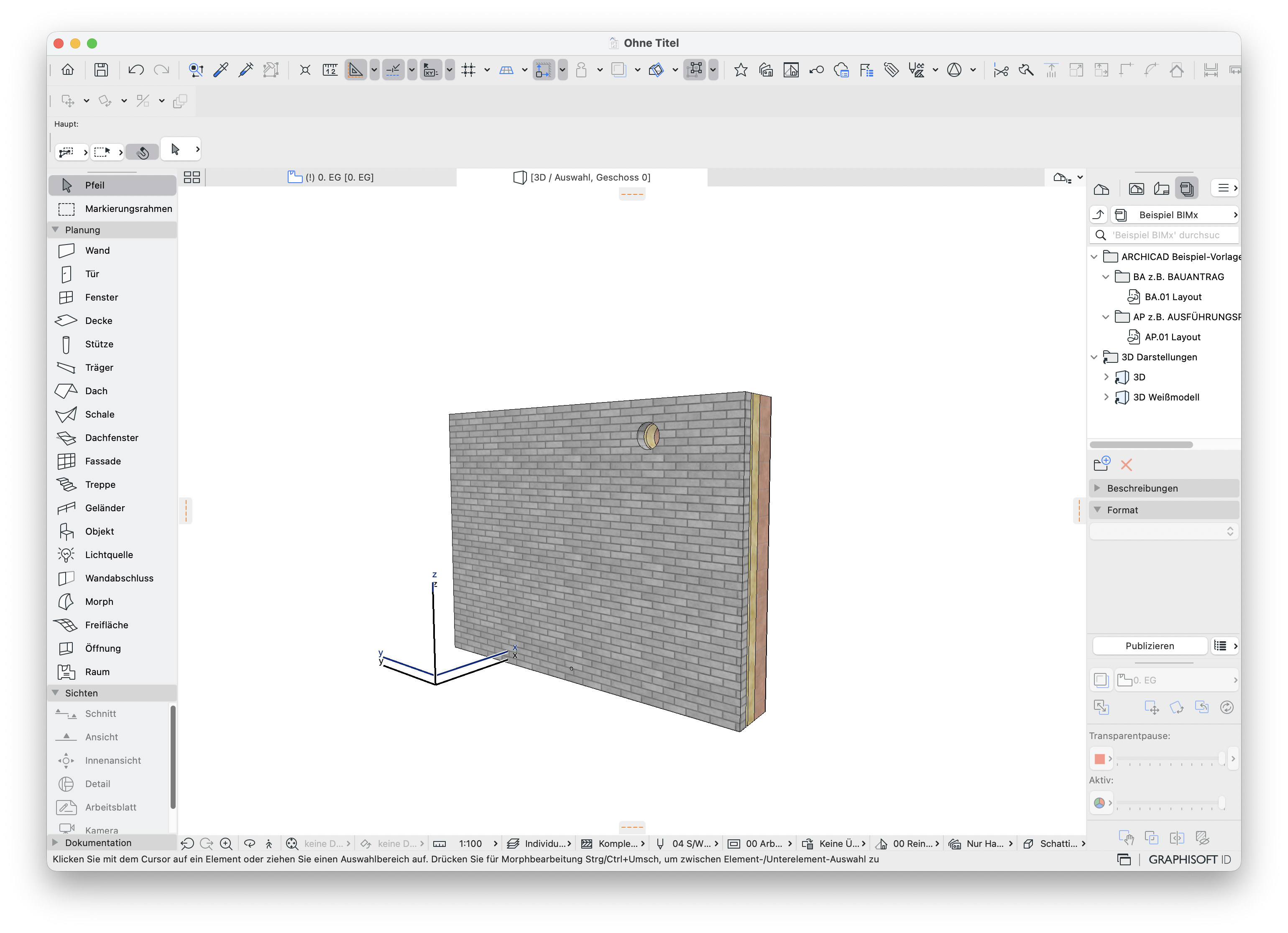 3D‑Ansicht einer gemauerten Wand mitausgeblendeten HKLSE-Elementen, bei dem die erzeugten Öffnungen sichtbar sind. 