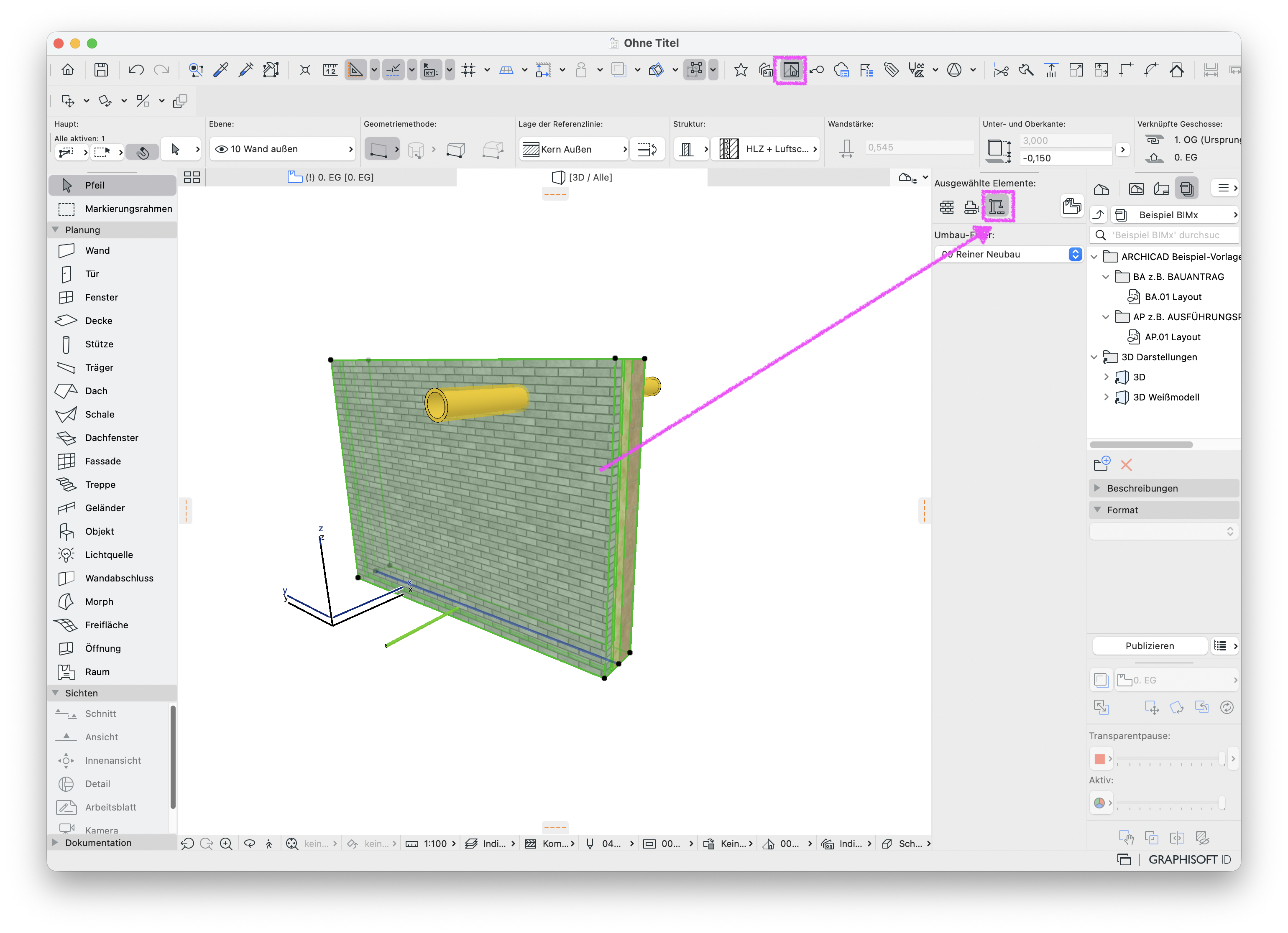 3D‑Ansicht einer gemauerten Außenwand, die Wand ist vollständig ausgewählt und grün umrandet während oben das&nbsp;Wand‑Werkzeug&nbsp;aktiv ist und rechts in der Umbau-Palette wird für die Wand der Neubau-Status angezeigt.