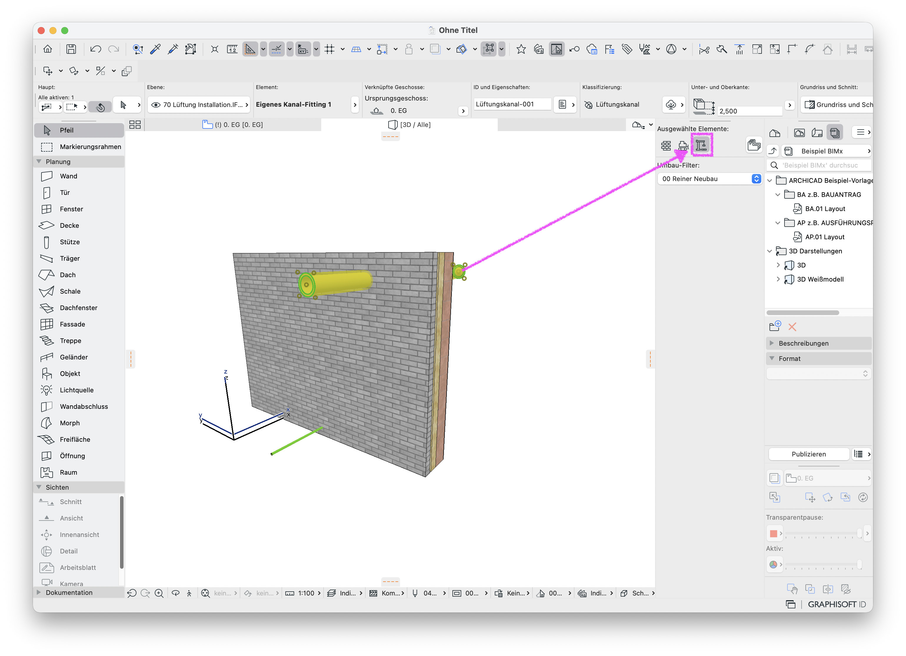 3D‑Ansicht einer gemauerten Außenwand mit einem gelben Lüftungskanal, das Kanalelement ist ausgewählt und grün markiert während oben das Lüftungs‑Werkzeug aktiv ist und rechts in der Umbau‑Palette wird für das ausgewählte Kanal‑Bauteile der Neubau‑Status angezeigt.