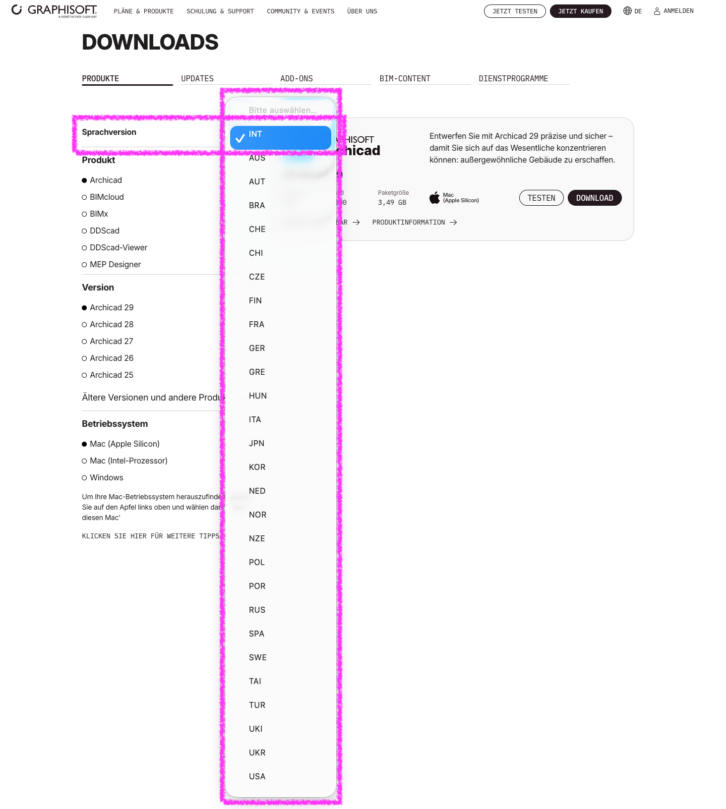 Screenshot der Graphisoft‑Downloadseite mit geöffnetem Dropdown Sprachversion links über den Produktfiltern, die Liste zeigt zahlreiche Länderkürzel von INT (International) bis USA wobei INT blau hervorgehoben und ausgewählt ist, während im Hintergrund die Archicad‑29‑Downloadkarte sichtbar bleibt.