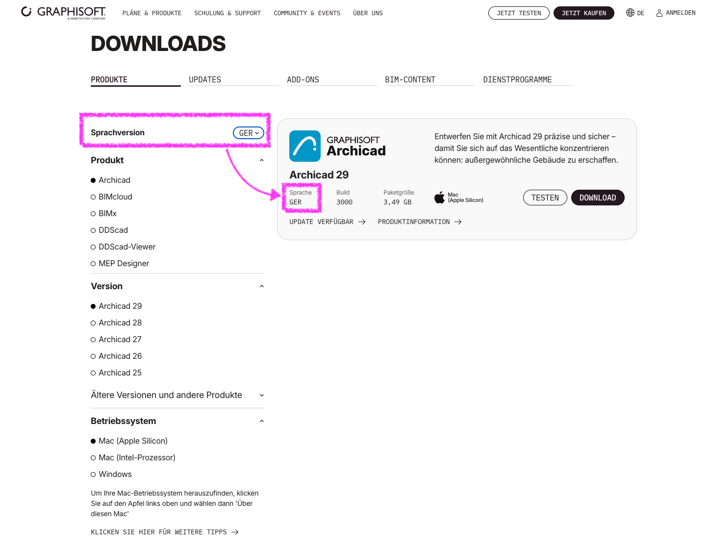 Screenshot der Graphisoft‑Downloadseite im Reiter Produkte, links ist im Bereich Sprachversion das Kürzel GER für die deutsche Version ausgewählt und mit einem Pfeil hervorgehoben, rechts zeigt die Produktkachel für Archicad 29 ebenfalls die Sprache GER neben Build‑Nummer, Paketgröße und den Schaltflächen Testen und Download.