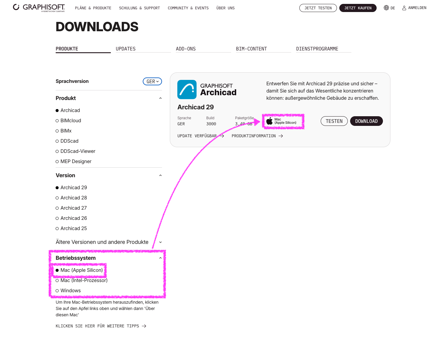 Screenshot der Graphisoft‑Downloadseite im Reiter Produkte, links im Bereich Betriebssystem ist die Option Mac (Apple Silicon) ausgewählt und pink hervorgehoben, ein Pfeil zeigt zur Produktkachel rechts wo unterhalb der Paketgröße ebenfalls das Symbol und Label Mac (Apple Silicon) erscheint um die passende Installationsdatei für diese Plattform zu kennzeichnen.