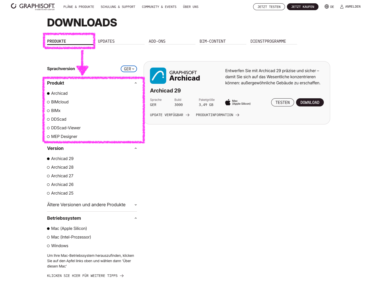 Screenshot der Graphisoft‑Webseite Downloads, oben ist der Reiter Produkte ausgewählt und links werden unter der deutschen Sprachversion filterbare Listen angezeigt in denen als Produkt Archicad, als Version Archicad 29 und als Betriebssystem Mac (Apple Silicon) markiert sind während rechts die Download‑Kachel für Archicad 29 mit Paketgröße und Schaltflächen Testen und Download eingeblendet ist.