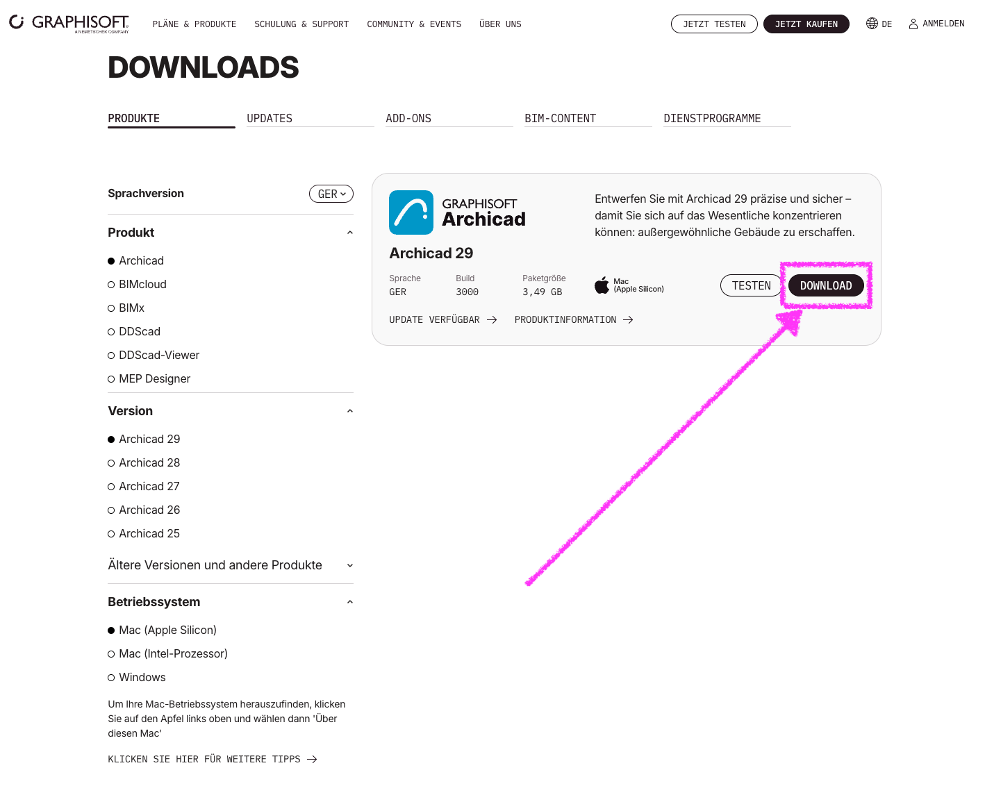 Screenshot der Graphisoft‑Downloadseite im Reiter Produkte, links sind Sprachversion GER, Produkt Archicad, Version Archicad 29 und Betriebssystem Mac (Apple Silicon) ausgewählt und auf der rechten Seite zeigt ein pinker Pfeil auf die schwarze Schaltfläche DOWNLOAD innerhalb der Produktkachel für Archicad 29 die zum Herunterladen des Installationspakets dient.