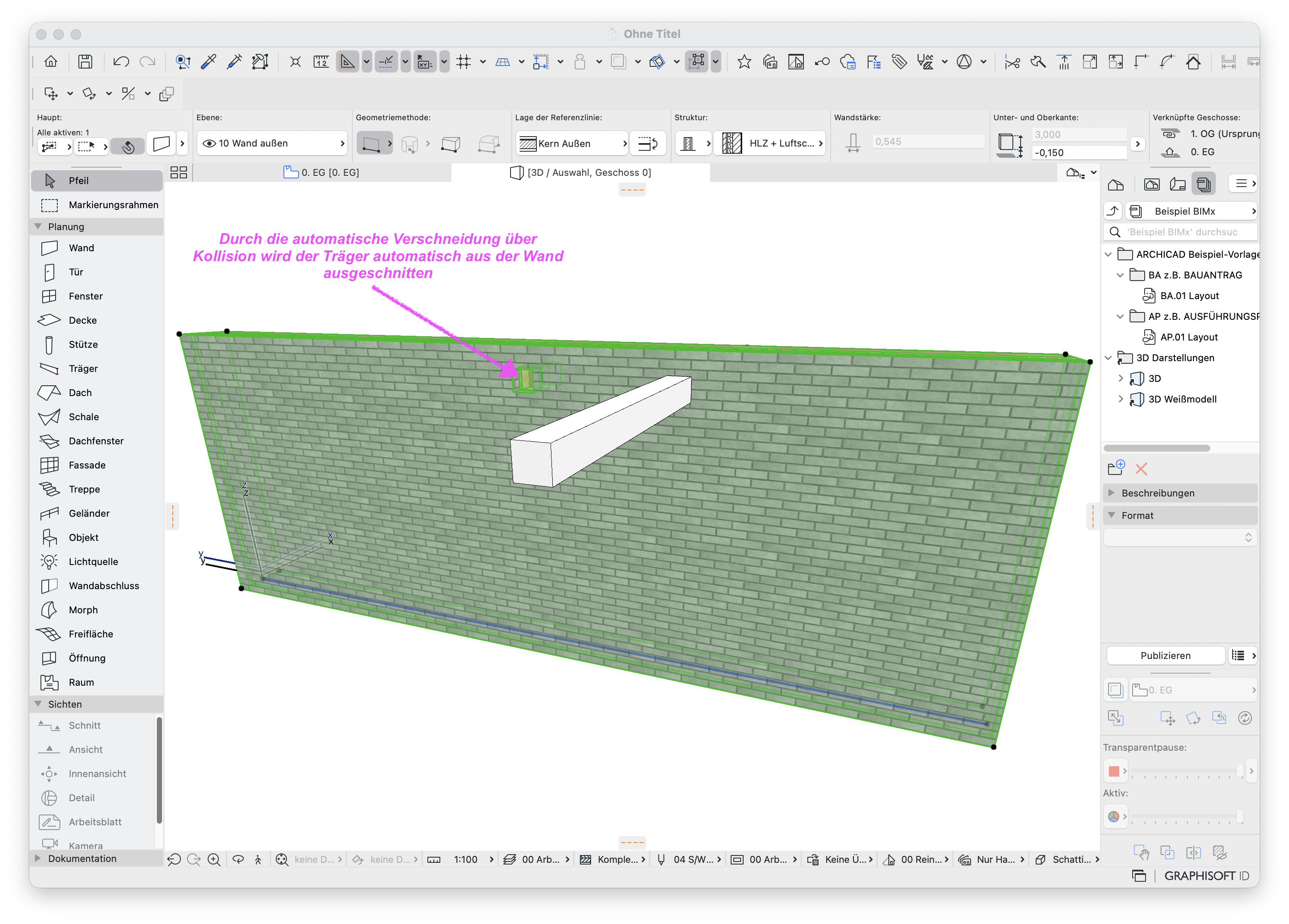 3D‑Ansicht einer Ziegelwand bei dem der mit dem Träger-Werkzeug modellierte Träger ausgeblendet ist und die automatisch generiert Öffnung in der Wand durch Kollision und Baustoffpriorität sichtbar ist.