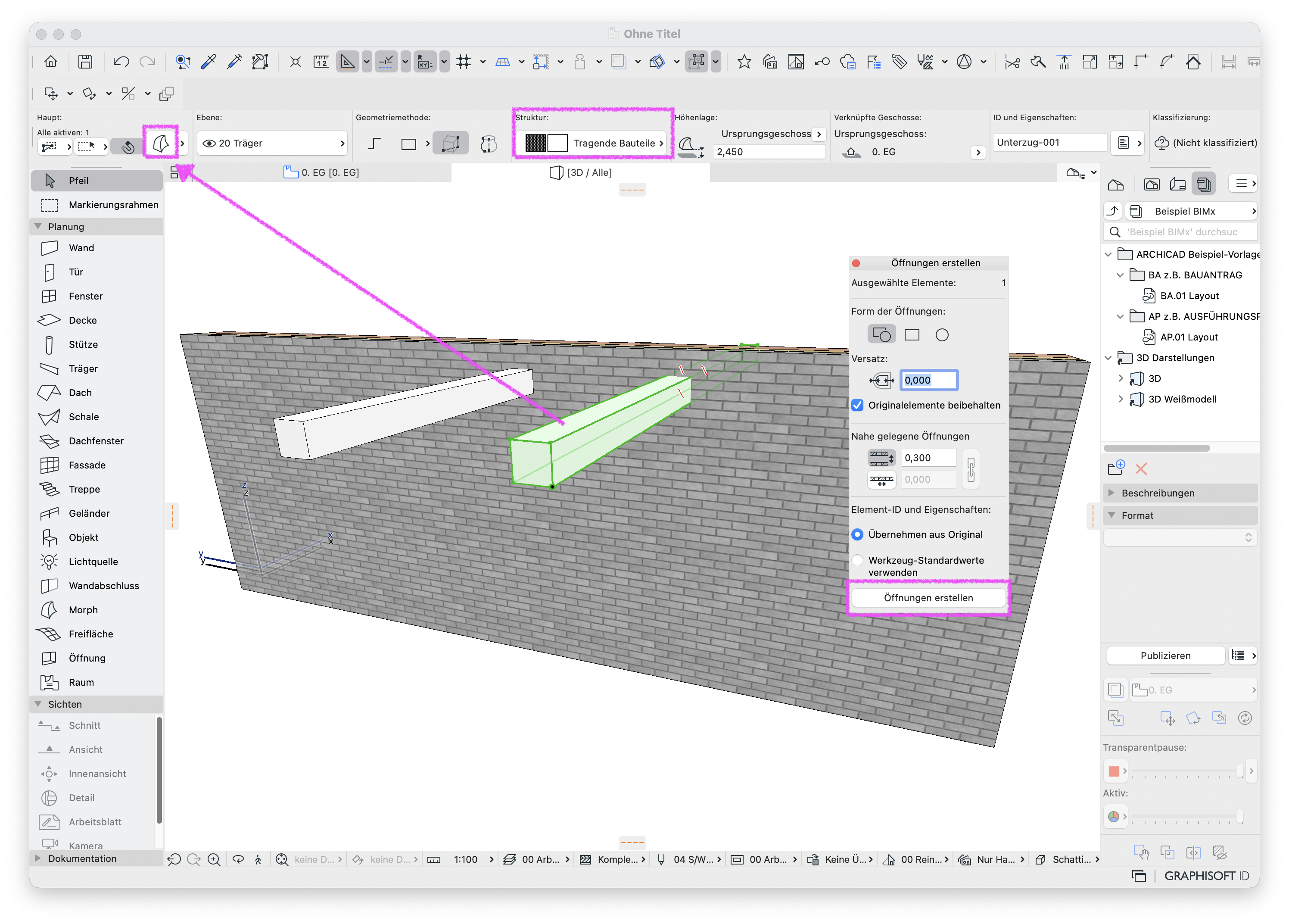 3D‑Ansicht einer Ziegelwand mit zwei Trägern, der vordere grün markierte Träger ist mit dem&nbsp;Morph‑Werkzeug&nbsp;erstellt und besitzt den Baustoff 'Tragende Bauteile', während rechts das Palette‑Fenster&nbsp;'Öffnungen erstellen'&nbsp;geöffnet ist in dem ein ausgewähltes Element angezeigt wird und die Schaltfläche&nbsp;Öffnungen erstellen&nbsp;markiert ist um automatisch eine Öffnung in der Wand entlang des Bauteils zu erzeugen.