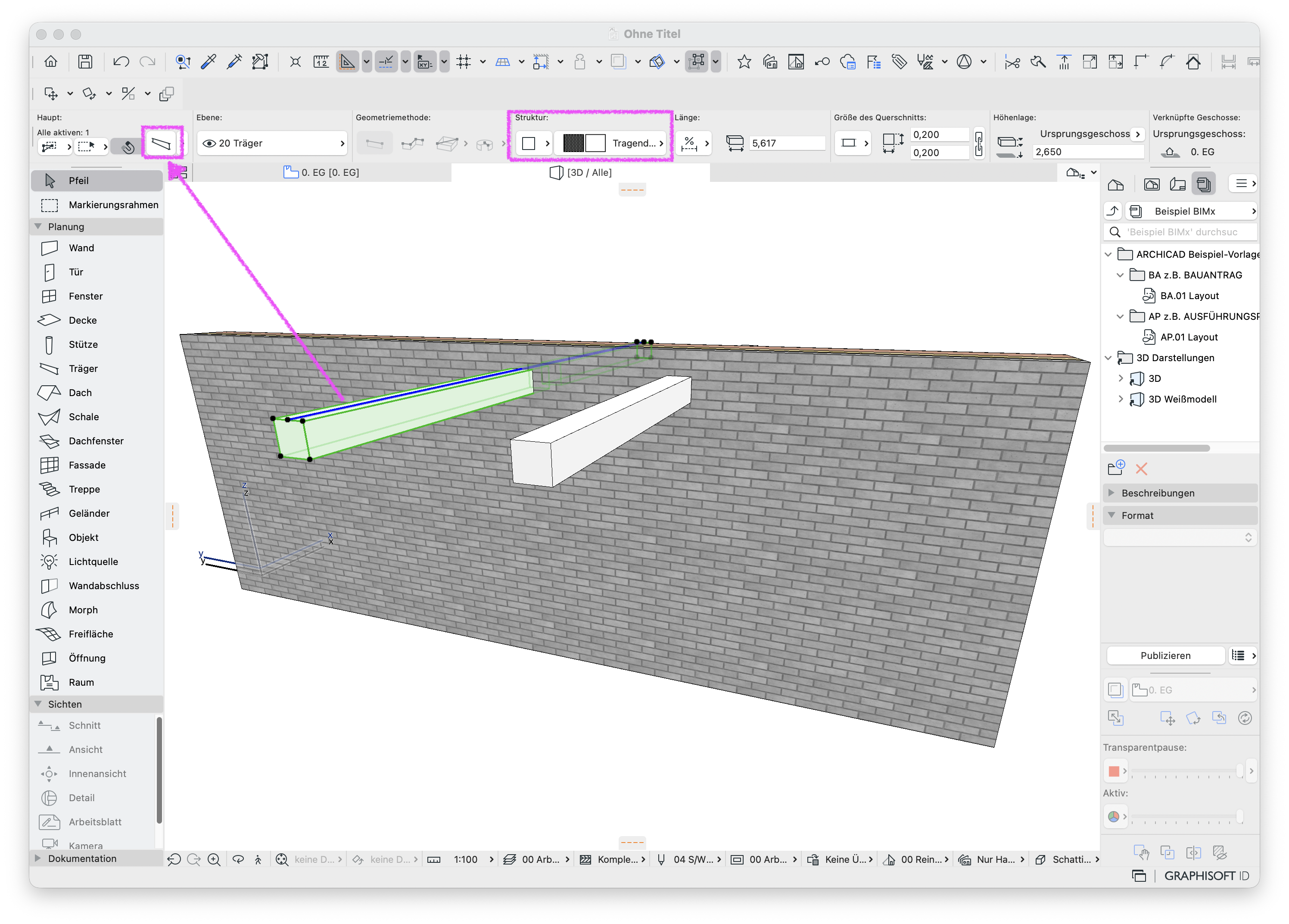 3D‑Ansicht einer Ziegelwand mit zwei parallelen Trägern, der vordere Träger ist grün markiert und mit dem Träger‑Werkzeug ausgewählt während oben in der Kontrollleiste unter Struktur der Status Tragend mit voller Schraffurdarstellung aktiviert ist wodurch der Träger als tragendes Bauteil klassifiziert und entsprechend dargestellt wird.