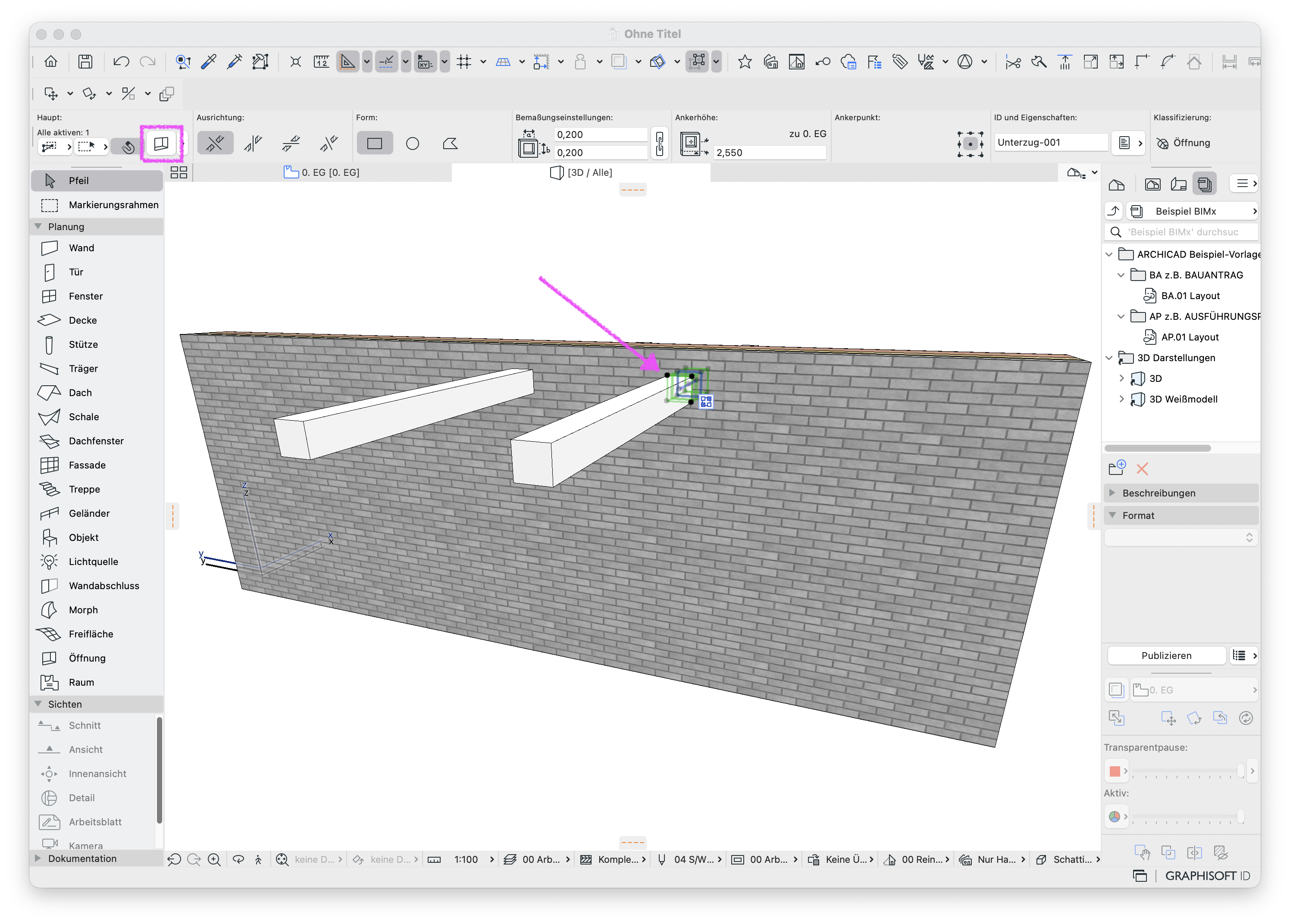 3D‑Ansicht einer Ziegelwand mit zwei weißen Trägern, am rechten Träger ist die rechteckige&nbsp;Öffnung&nbsp;bereits erzeugt und ausgewählt ist, oben wird entsprechend das&nbsp;Öffnung‑Werkzeug&nbsp;aktiv angezeigt.