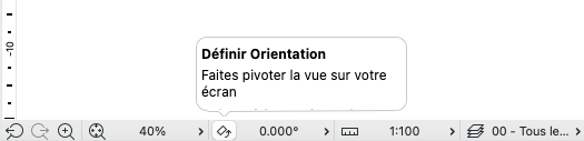 Infobulle Archicad en français indiquant « Définir Orientation – Faites pivoter la vue sur votre écran », affichée au-dessus de la barre d’état inférieure avec le zoom à 40% et la rotation à 0,000°.