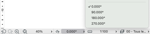 Menu déroulant Archicad au-dessus de la barre d’état inférieure, affichant les options d’angle de rotation 0,000° (sélectionné), 90,000°, 180,000° et 270,000°, avec le zoom à 40% et l’échelle à 1:100.