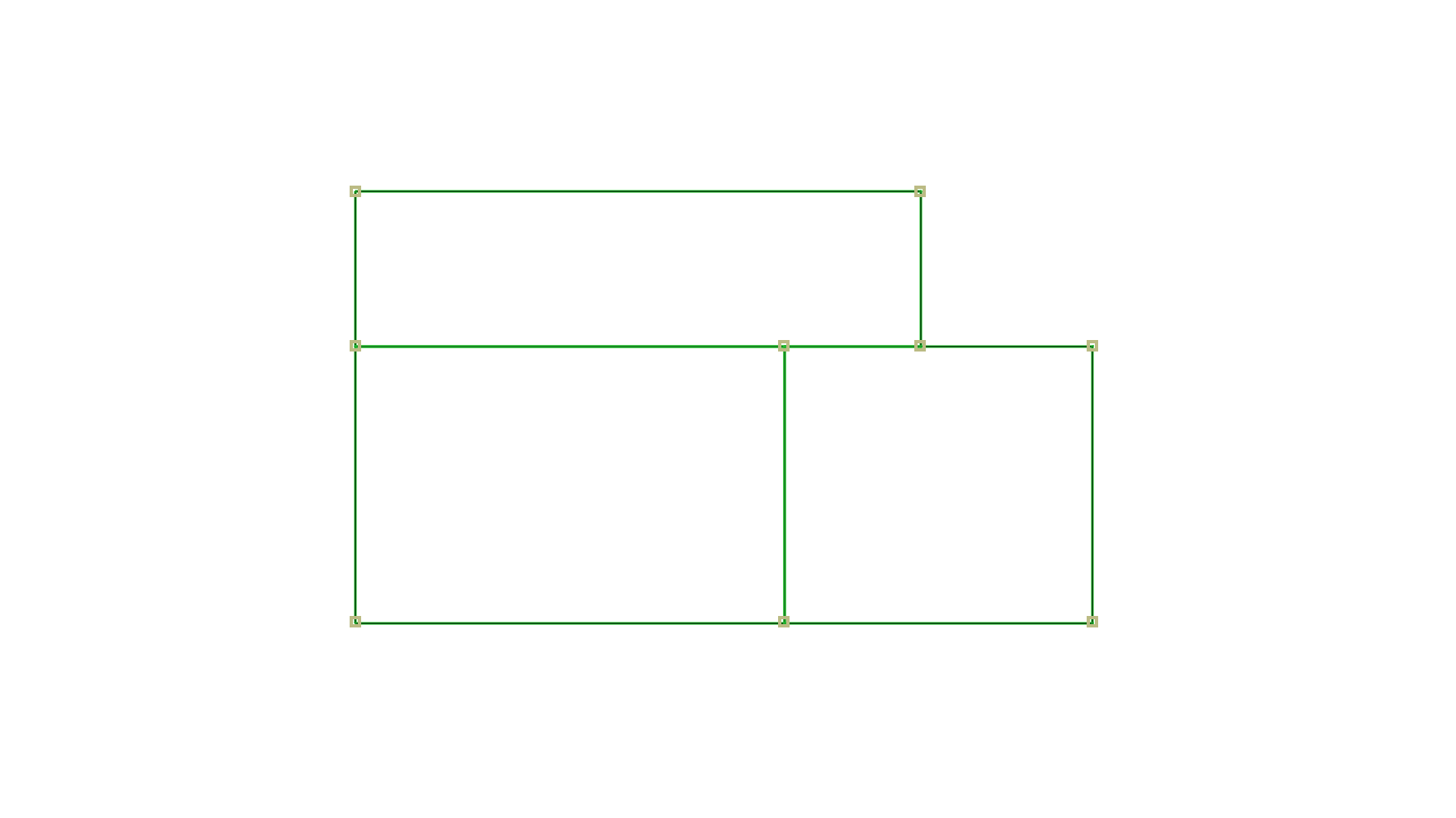 Trois rectangles verts reliés formant un volume en « L » avec des sommets et segments sélectionnés, illustrant une forme de mur ou de zone composite dans l’espace de dessin Archicad sur fond blanc.