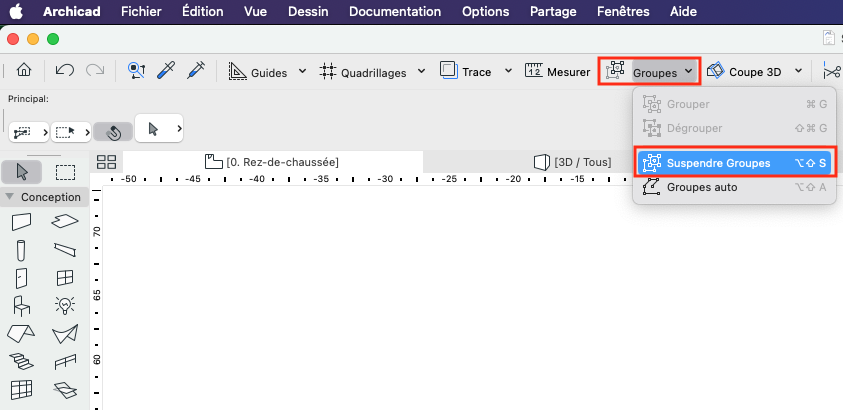 Interface Archicad sur macOS avec la barre de menus en français et la barre d’outils supérieure, mettant en évidence le menu déroulant « Groupes » ouvert et l’option « Suspendre Groupes » en surbrillance bleue.