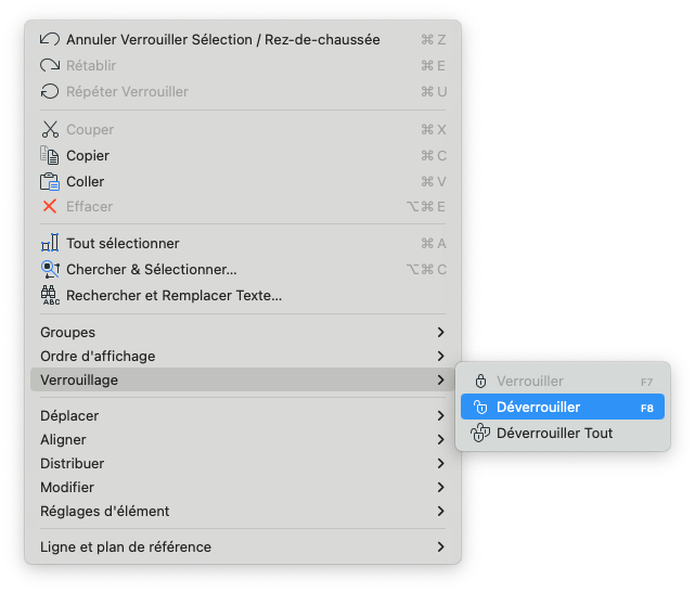 Menu contextuel d’Archicad sur macOS avec plusieurs commandes d’édition en français, montrant le sous-menu « Verrouillage » ouvert et l’option « Déverrouiller » en surbrillance bleue entre « Verrouiller » et « Déverrouiller Tout ».