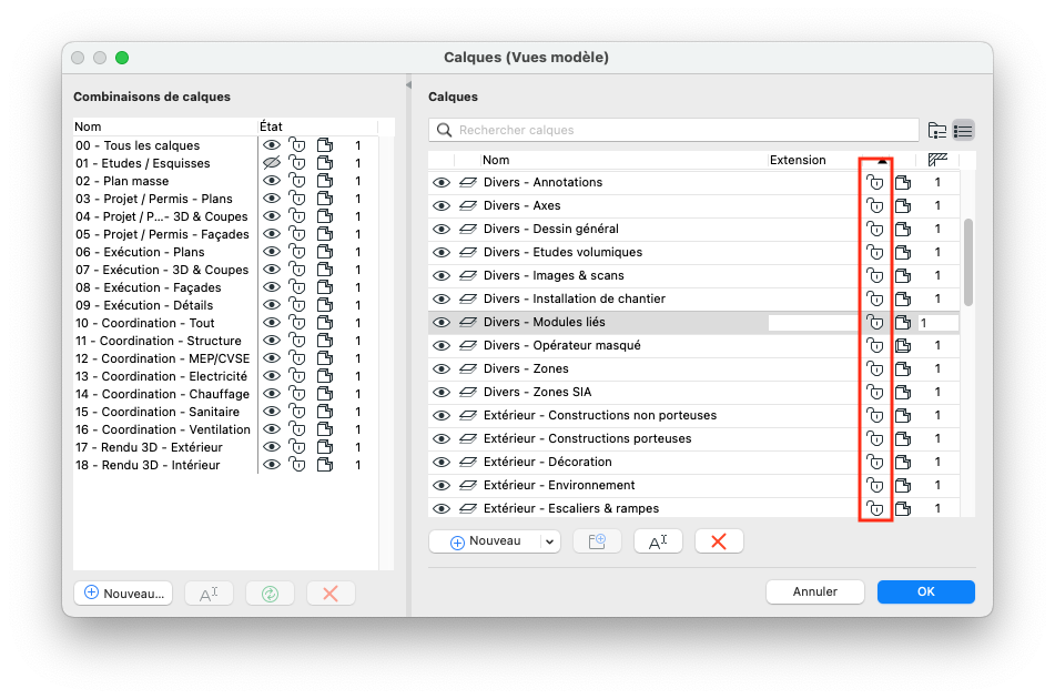Boîte de dialogue Archicad « Calques (Vues modèle) » en français, montrant à gauche la liste des combinaisons de calques et à droite la liste des calques « Divers » et « Extérieur », avec la colonne des icônes de dossier mise en évidence par un cadre rouge.