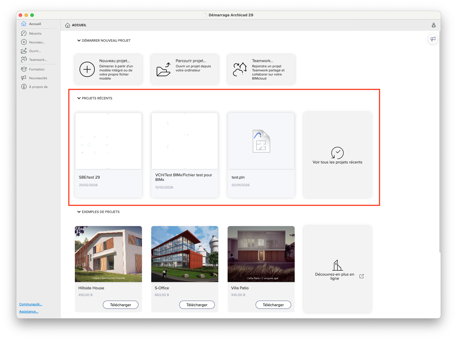 Fenêtre d’accueil d’Archicad 29 en français, avec la colonne de navigation à gauche et, au centre, la section « Projets récents » encadrée en rouge montrant plusieurs vignettes de fichiers récents et la carte « Voir tous les projets récents ».
