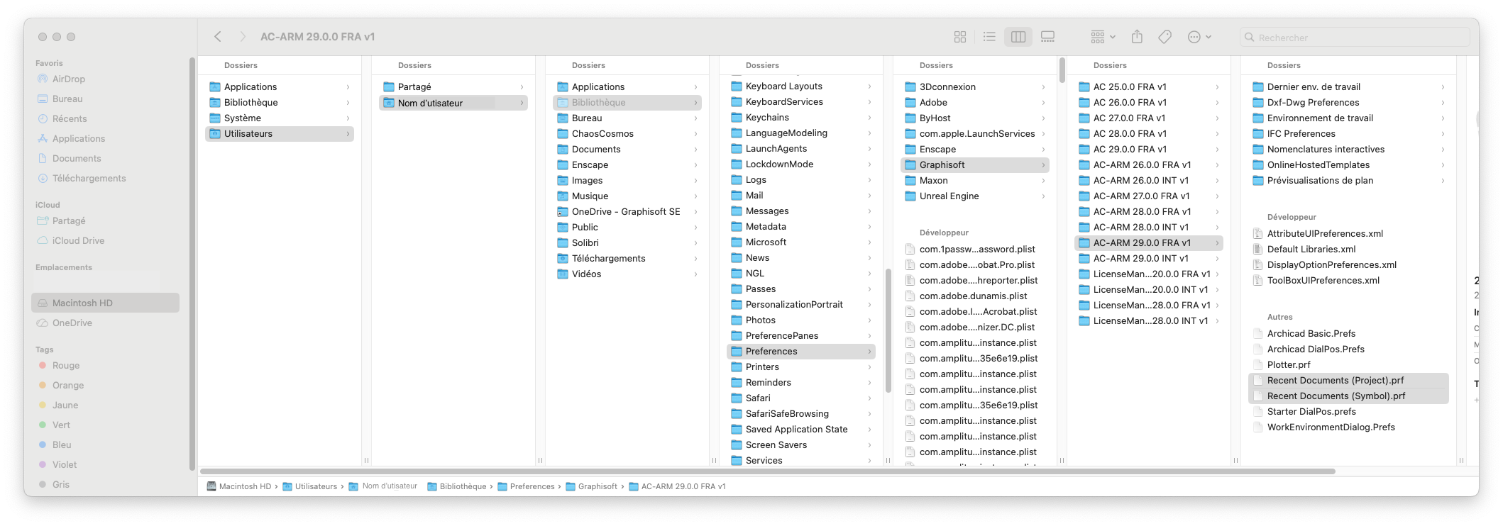 Fenêtre du Finder sur macOS montrant plusieurs colonnes de dossiers menant à Bibliothèque > Preferences > Graphisoft > AC-ARM 29.0.0 FRA v1, avec les fichiers « Recent Documents (Project).prf » et « Recent Documents (Symbol).prf » sélectionnés dans la colonne de droite.