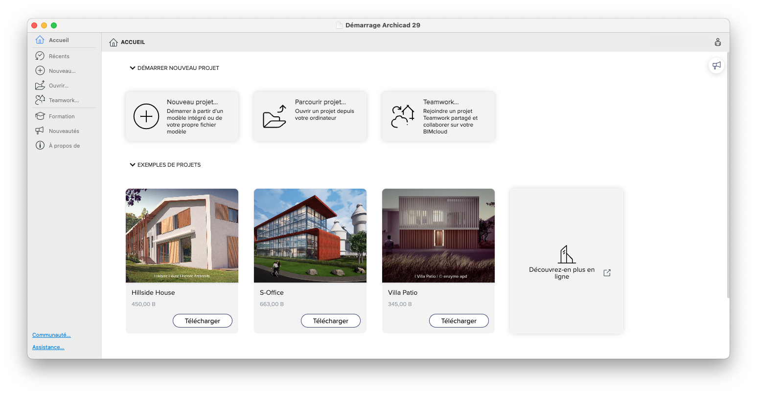  Fenêtre d’accueil d’Archicad 29 en français, affichant en haut les boutons « Nouveau projet », « Parcourir projet » et « Teamwork », et en bas la section « Exemples de projets » avec trois vignettes de projets téléchargeables et une carte « Découvrez-en plus en ligne ».