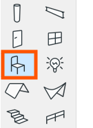 Icônes d’outils Archicad alignées verticalement, avec l’icône de chaise encadrée en orange et sur fond bleu clair pour indiquer la sélection de l’outil Objets dans la barre d’outils de conception.