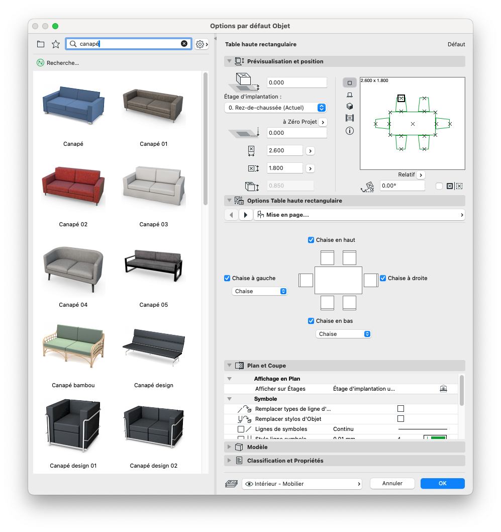  Boîte de dialogue Archicad « Options par défaut Objet » en français, montrant à gauche une liste d’objets canapé filtrés par le champ de recherche, et à droite les réglages détaillés d’une « Table haute rectangulaire » avec prévisualisation 2D et options de disposition des chaises.