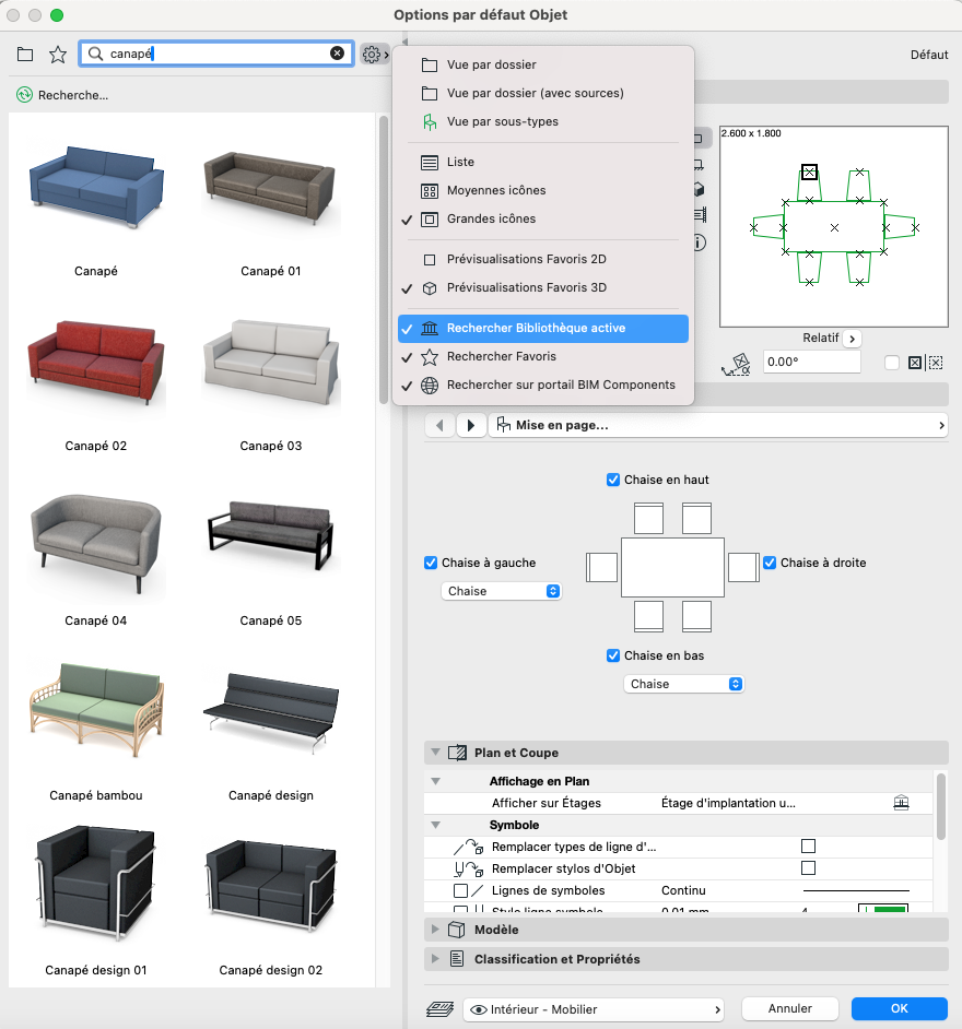 Boîte de dialogue Archicad « Options par défaut Objet » en français, avec à gauche une liste d’objets canapé et, en haut à droite de cette liste, le menu des options d’affichage ouvert montrant les choix de vue et l’option « Rechercher Bibliothèque active » cochée.