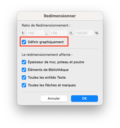 Boîte de dialogue Archicad « Redimensionner » en français, affichant le ratio de redimensionnement en haut et, au centre, l’option cochée « Définir graphiquement » encadrée en rouge, suivie de cases à cocher pour les types d’éléments affectés.