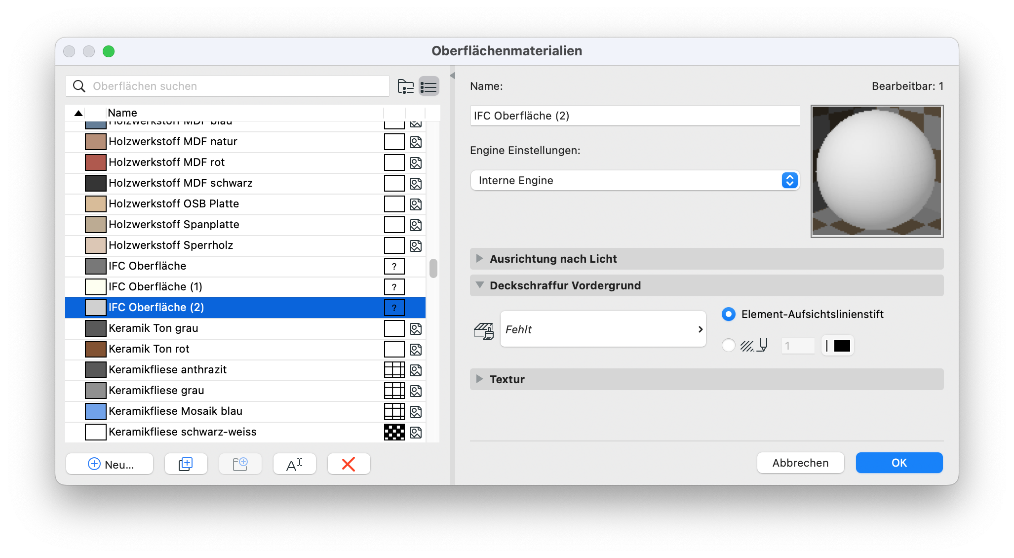 Archicad Surface Materials dialog showing the surface “IFC Oberfläche (2)” selected in the list, with its settings displayed on the right including engine settings and preview sphere.