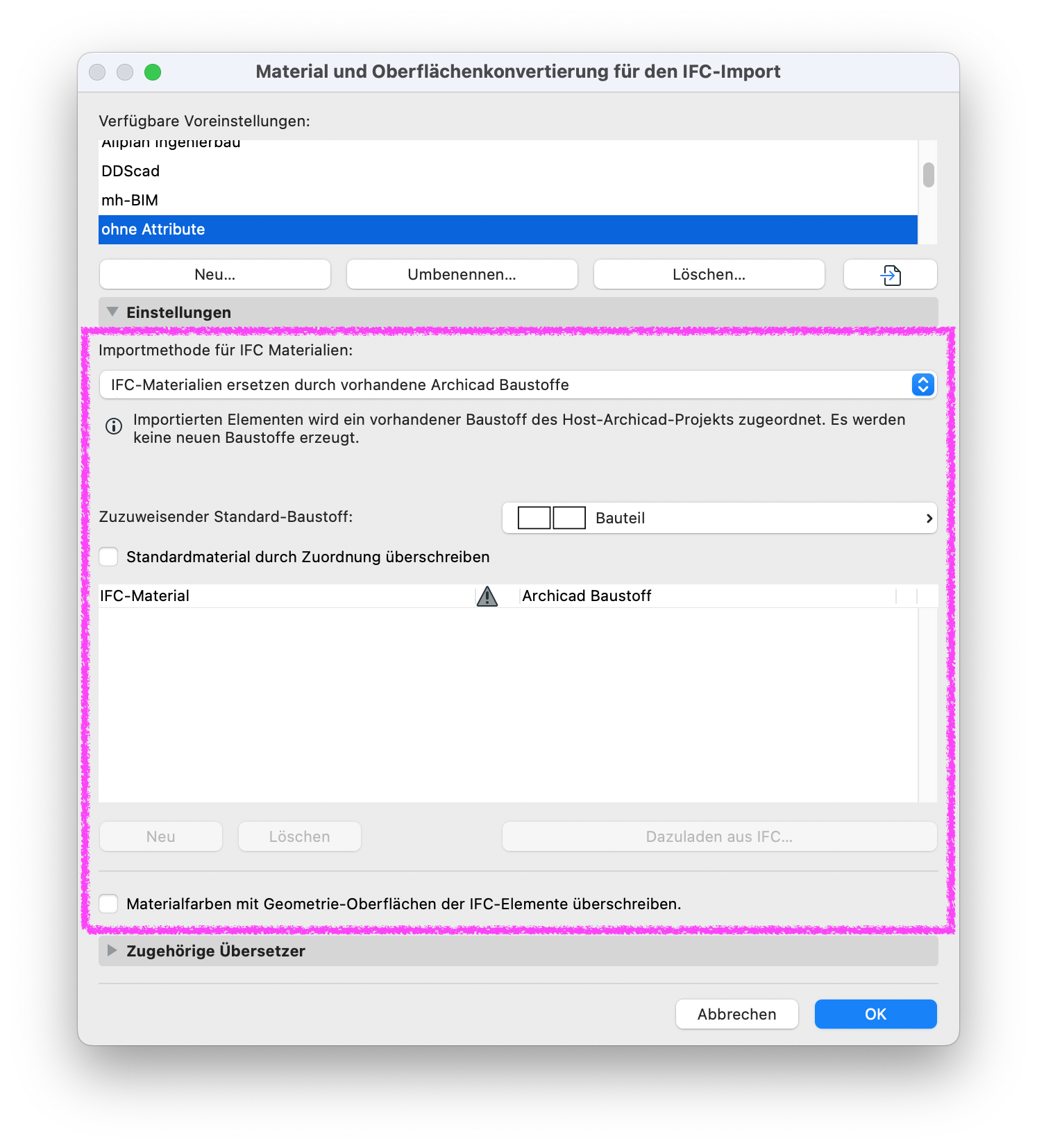 Archicad Material and Surface Conversion for IFC Import settings dialog showing the option to replace IFC materials with existing Archicad building materials, preventing the creation of new materials during import.