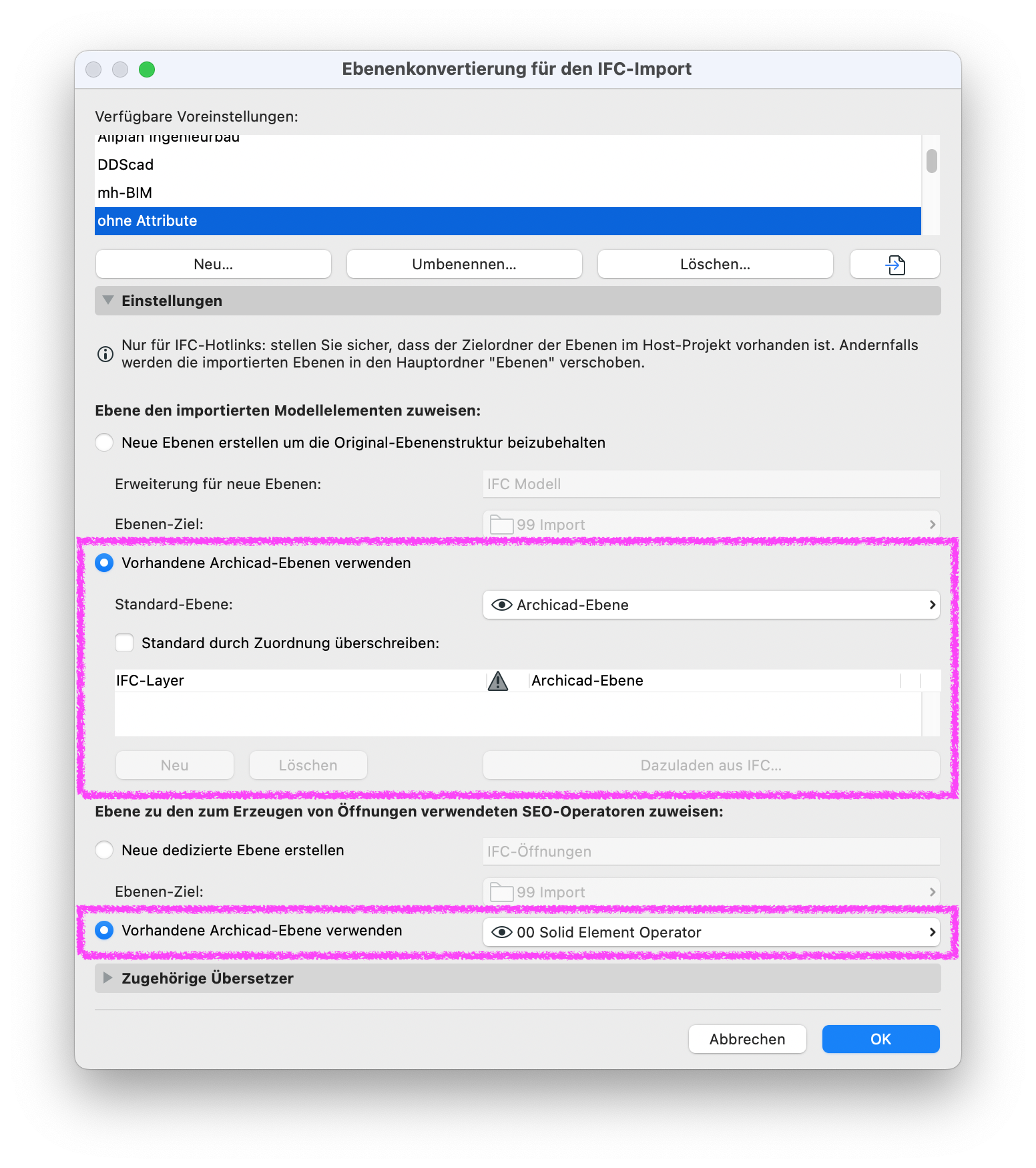 Archicad IFC Import Layer Conversion settings dialog showing the option “Use existing Archicad layers” selected for imported model elements and for elements created by SEO operators.