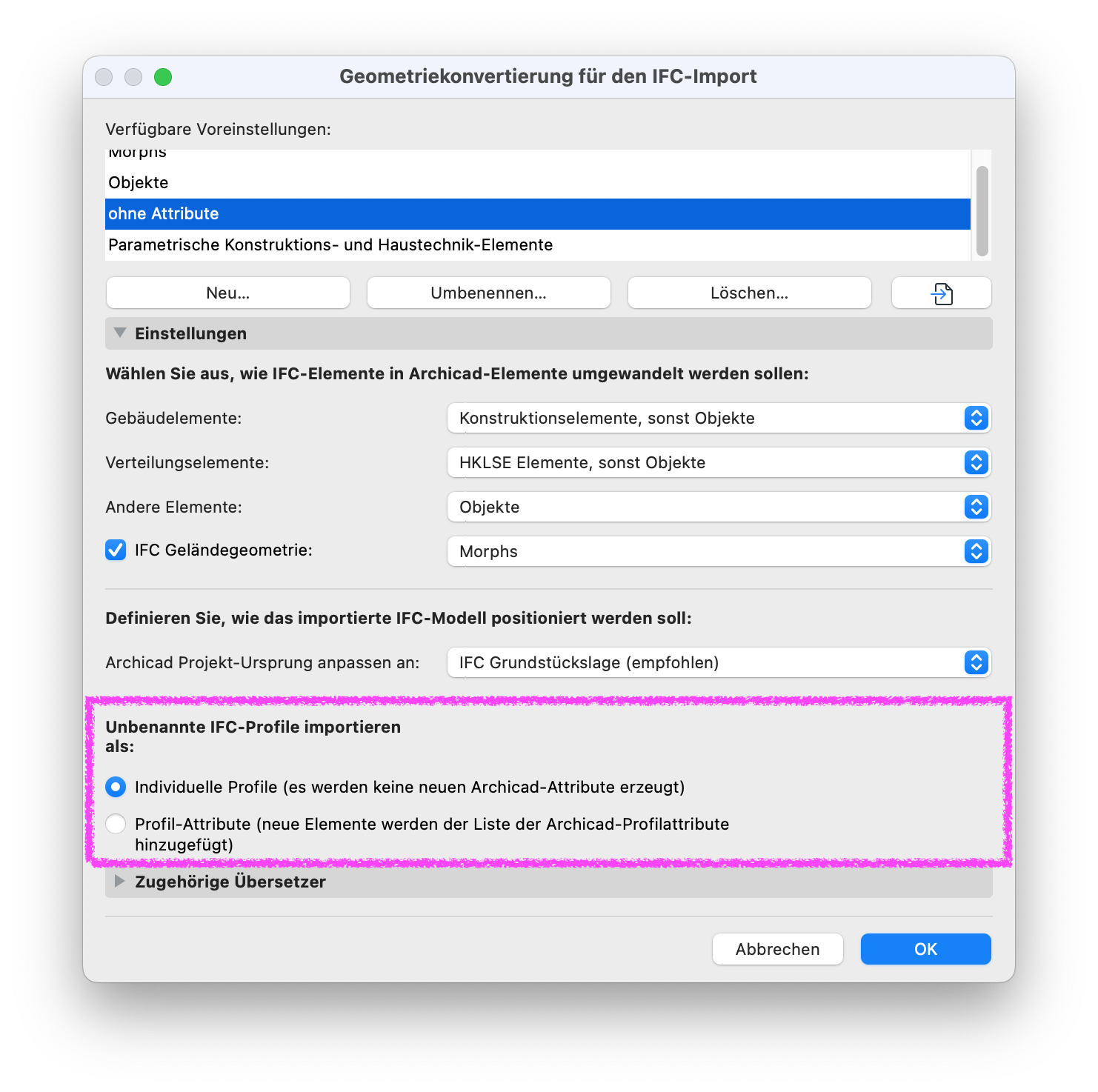 Archicad Geometry Conversion for IFC Import settings dialog showing the option “Import unknown IFC profiles as Individual Profiles (no new Archicad attributes created)” selected.