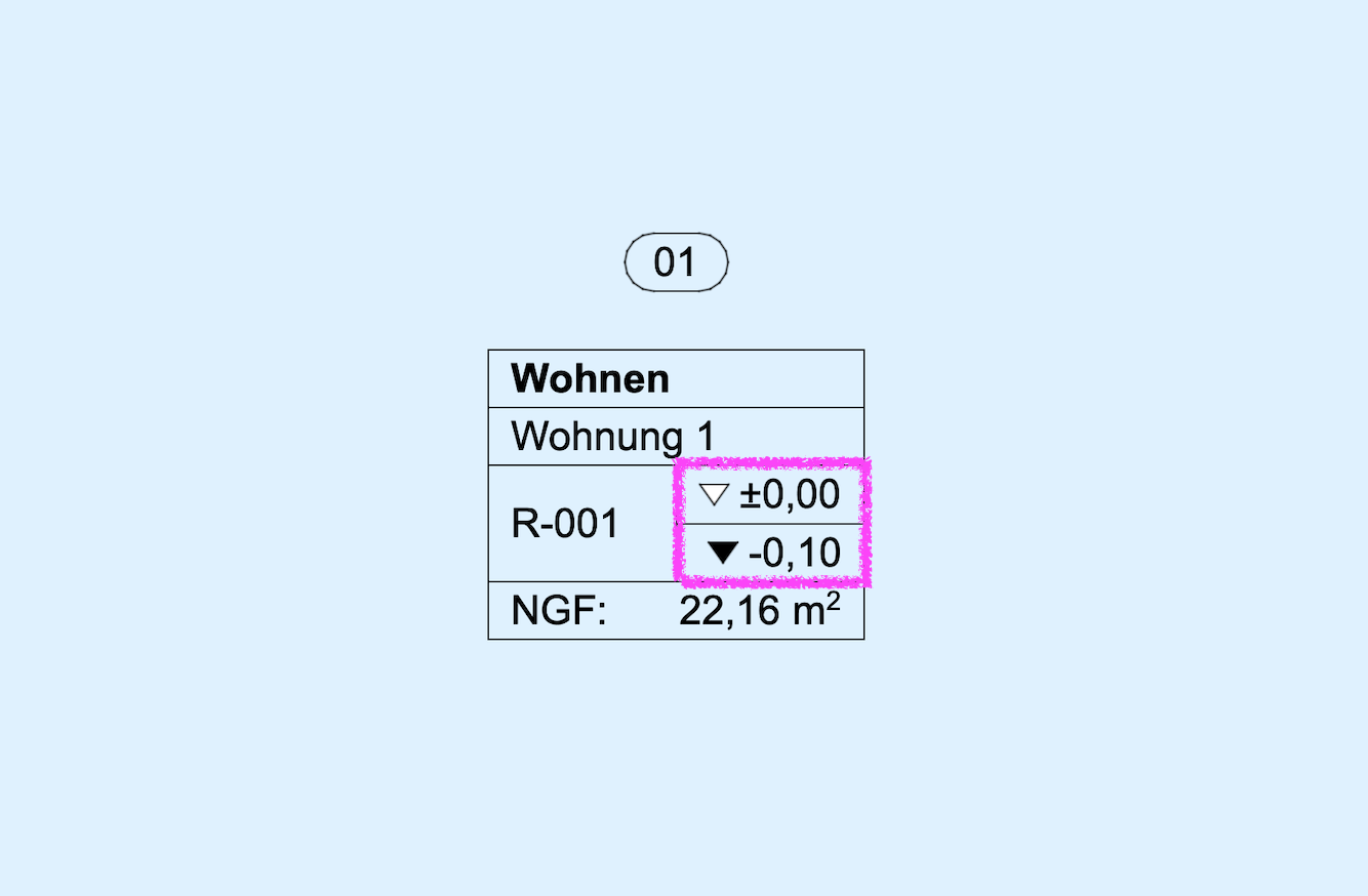 Archicad zone stamp showing zone name, zone number, and area, with highlighted top and bottom elevation values (+0.00 and -0.10) displayed in the stamp.