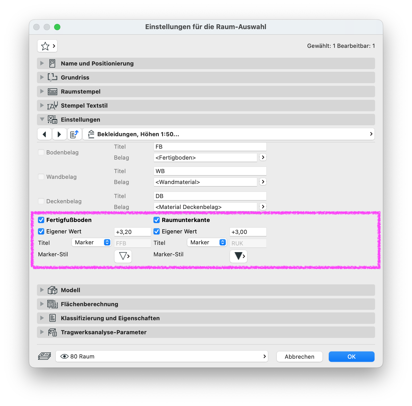 Archicad Zone Settings dialog showing the Finished Floor Level and Room Bottom Level parameters with custom values and marker styles enabled.