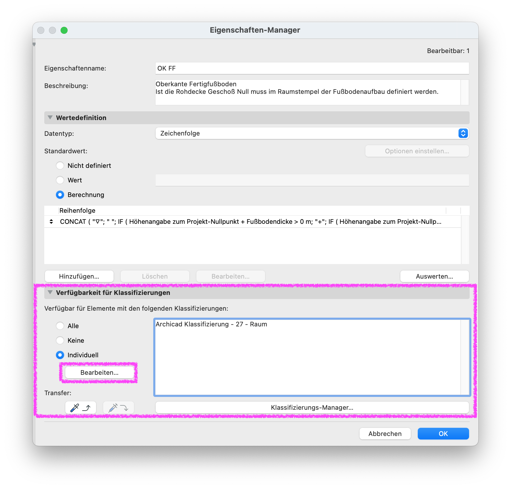 Archicad Property Manager dialog showing the property “OK FF” with availability set individually for the classification “Archicad Classification – 27 – Zone.”