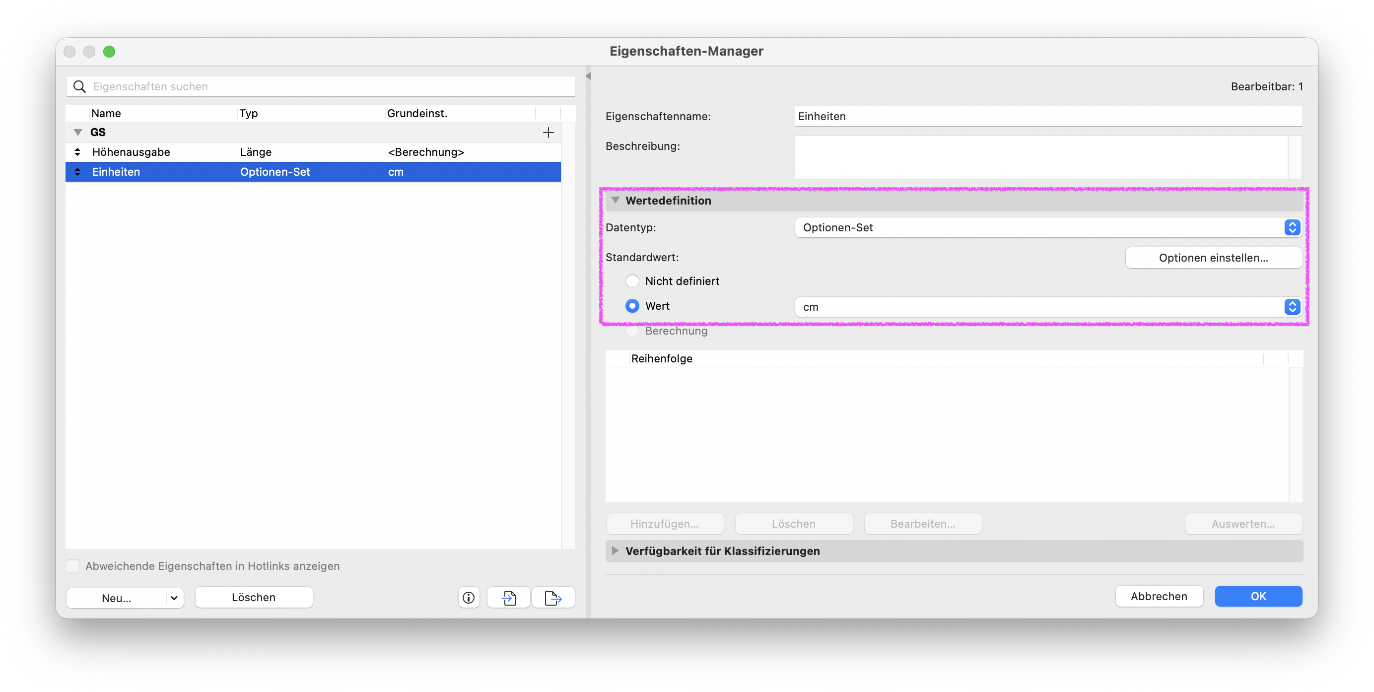 Dialog Eigenschaften‑Manager mit der Eigenschaft Einheiten, rechts im Bereich Wertedefinition ist der Datentyp Optionen‑Set eingestellt und als Standardwert die Option cm aktiviert die über Optionen einstellen… im zugehörigen Optionen‑Set bearbeitet werden kann.