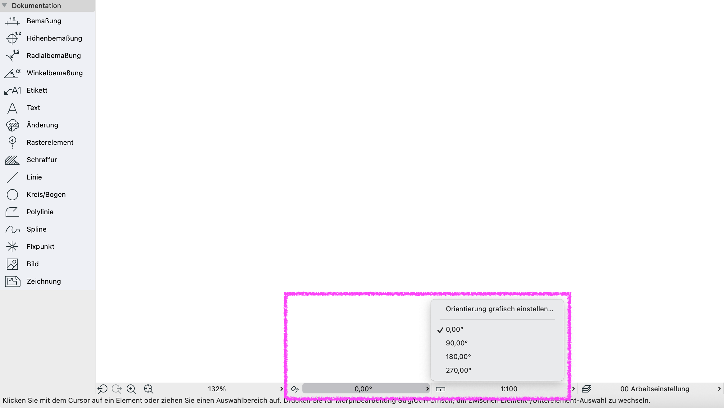 Archicad context menu for adjusting drawing orientation showing options for 0°, 90°, 180°, and 270°, with the option to set the orientation graphically.