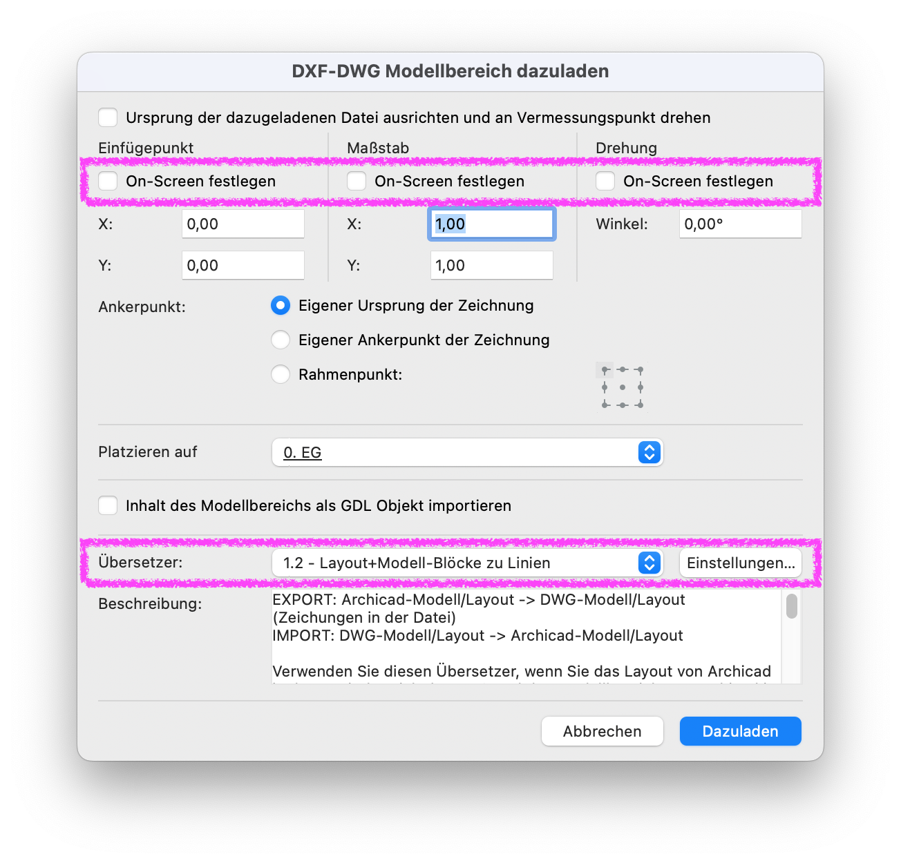 Archicad “DXF-DWG Modellbereich dazuladen” dialog showing options to define insertion point, scale, and rotation on screen, with the DXF/DWG translator “1.2 – Layout+Modell-Blöcke zu Linien” selected for importing the model space.