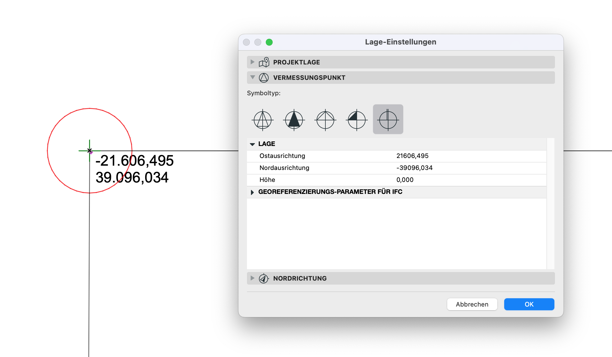 Archicad coordinate marker displaying east and north values relative to the survey point, shown alongside the “Lage-Einstellungen” dialog with project geolocation parameters.