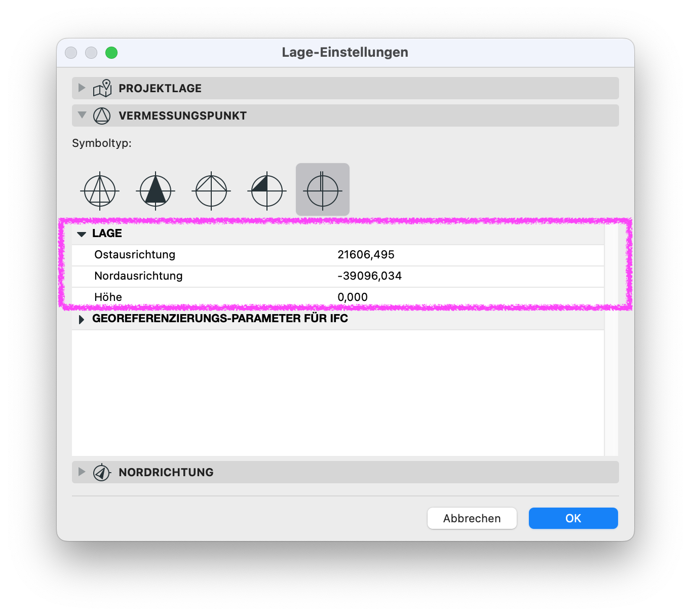 Archicad “Lage-Einstellungen” dialog showing survey point coordinates with east, north, and elevation values used for project geolocation.