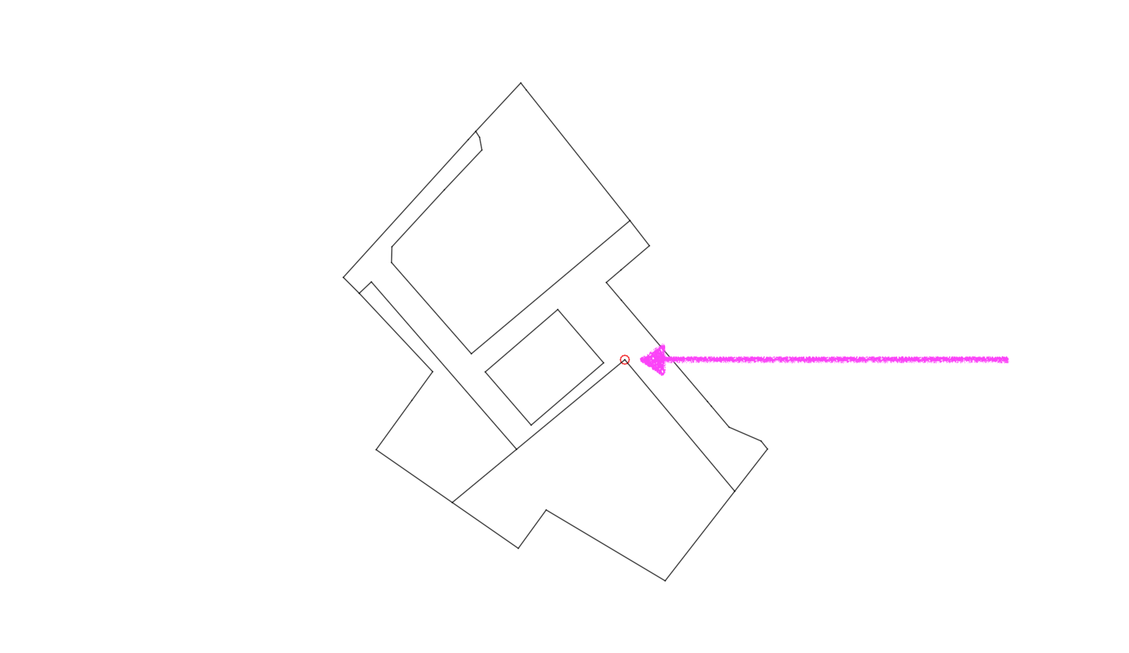 Rotated 2D DWG floor plan geometry showing the drawing insertion point marked with a small red circle and arrow indicating the reference point.