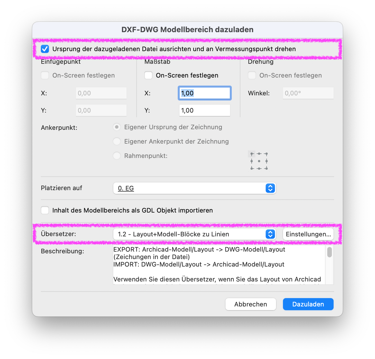 Archicad “DXF-DWG Modellbereich dazuladen” dialog with the option enabled to align the imported file origin to the survey point and rotate it accordingly, using the translator “1.2 – Layout+Modell-Blöcke zu Linien.”