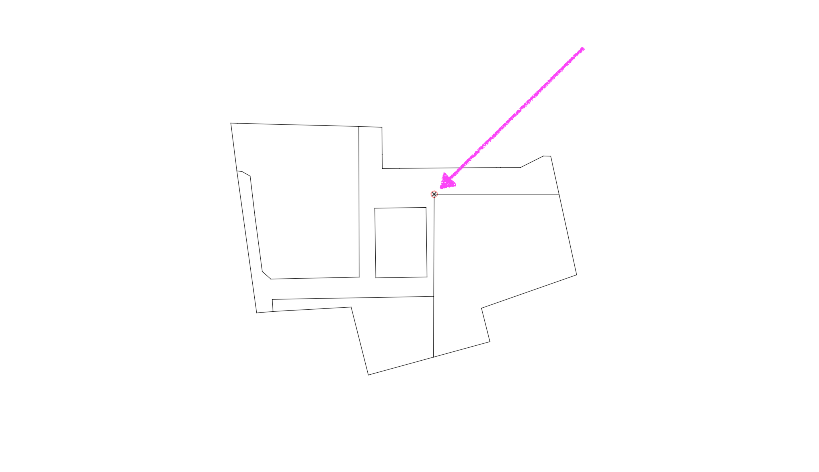 Rotated 2D DWG floor plan geometry showing the drawing origin marked with a small red crosshair and arrow indicating the reference point used for alignment.