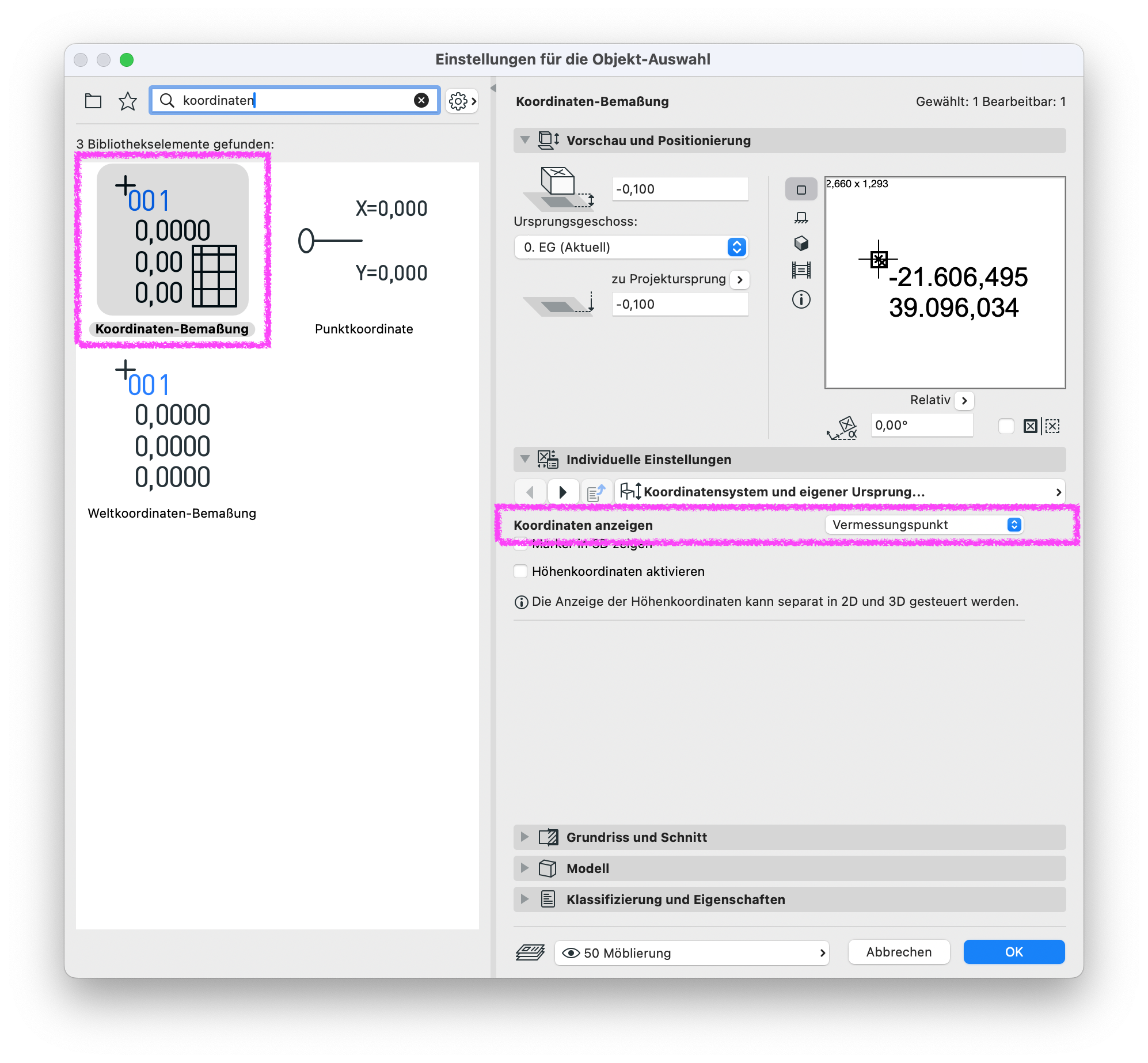 Archicad object settings dialog showing the “Koordinaten-Bemaßung” object with the option to display coordinates relative to the survey point (Vermessungspunkt).